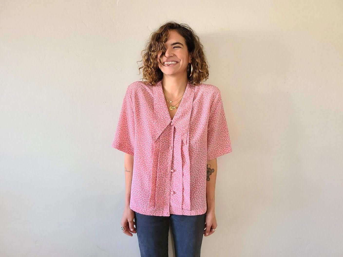Designer Vintage 80s Pink Blouse 1980s Eighties Floral Button up Size M / US 6-8 / IT 42-44 - 2 Thumbnail