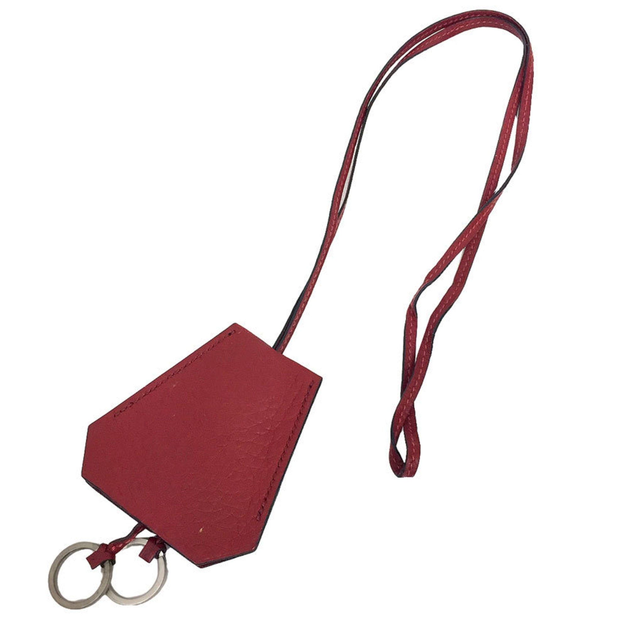 image of Hermes Leather Crochette Necklace Keybell Keyring Keychain Charm D Engraved Red in Black, Women's