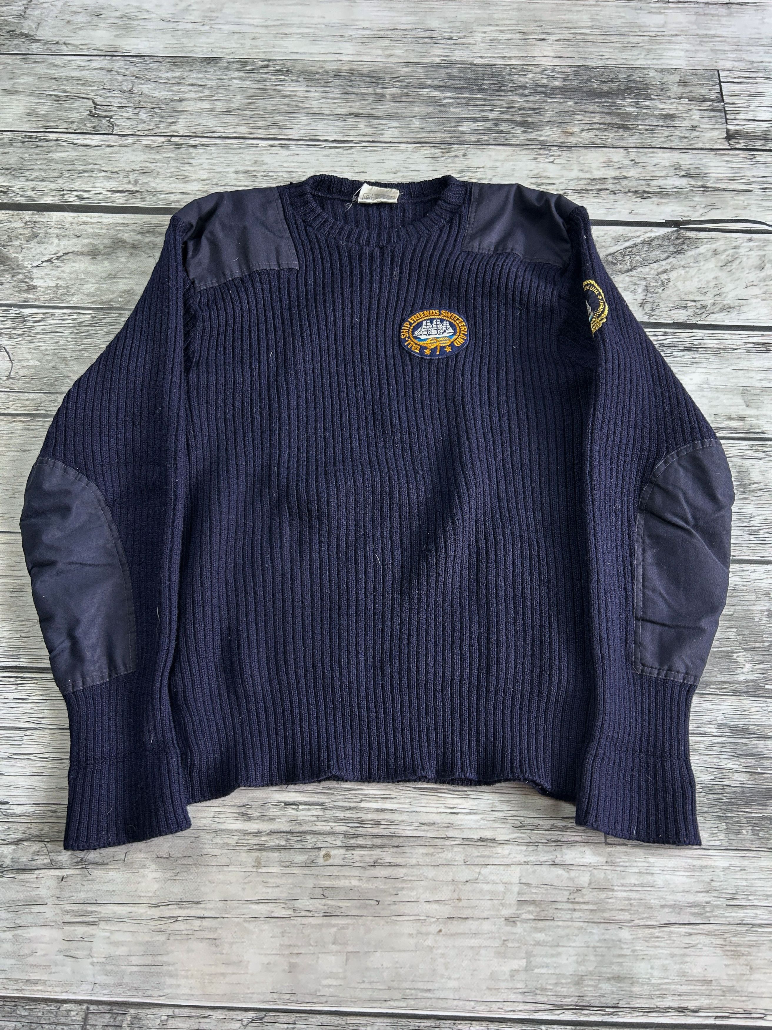 Japanese Brand Navy Military Wool Sweater Elbow Patch Vintage Naval Style Size US L / EU 52-54 / 3 - 3 Thumbnail