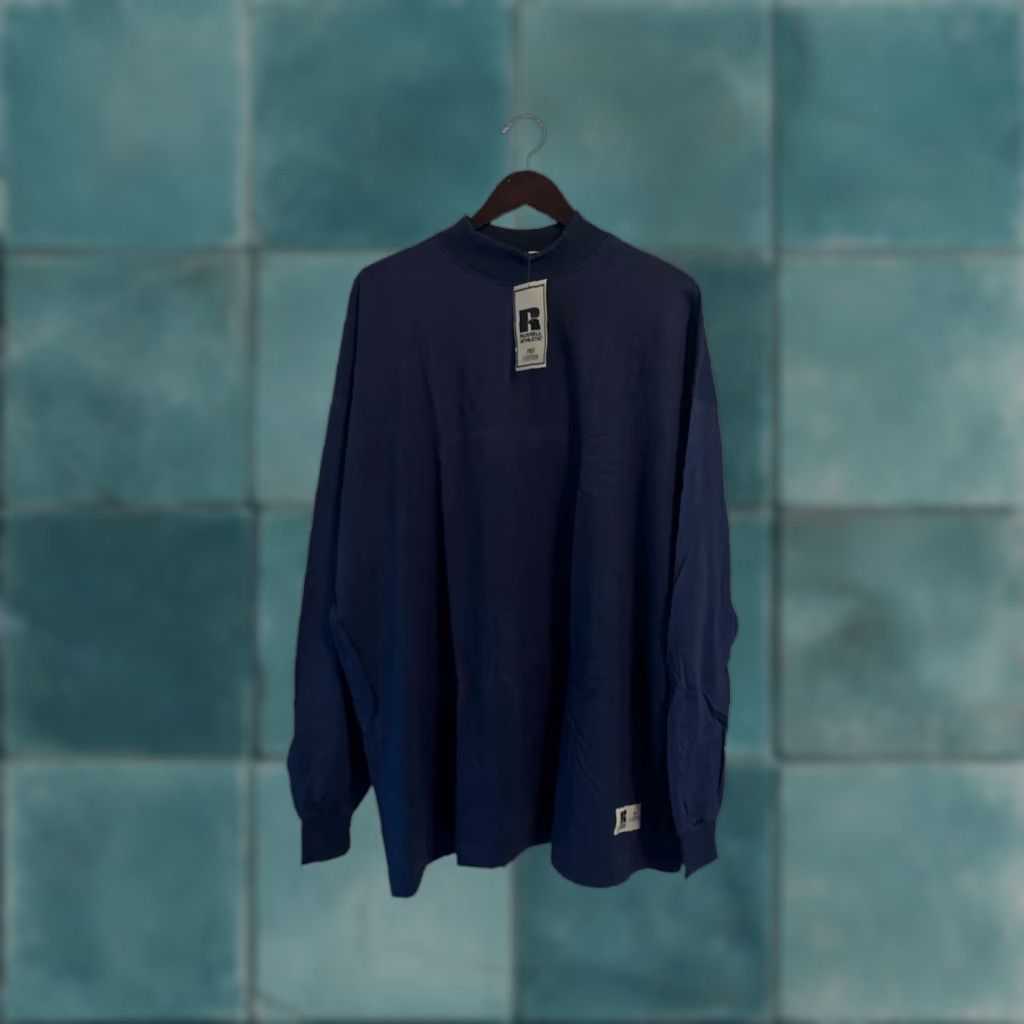 VINTAGE Russell Athletic Pro Cotton Mock Neck Shirt Mens 2XL NOS NWT 90s Blue Long Sleeve T-Shirt