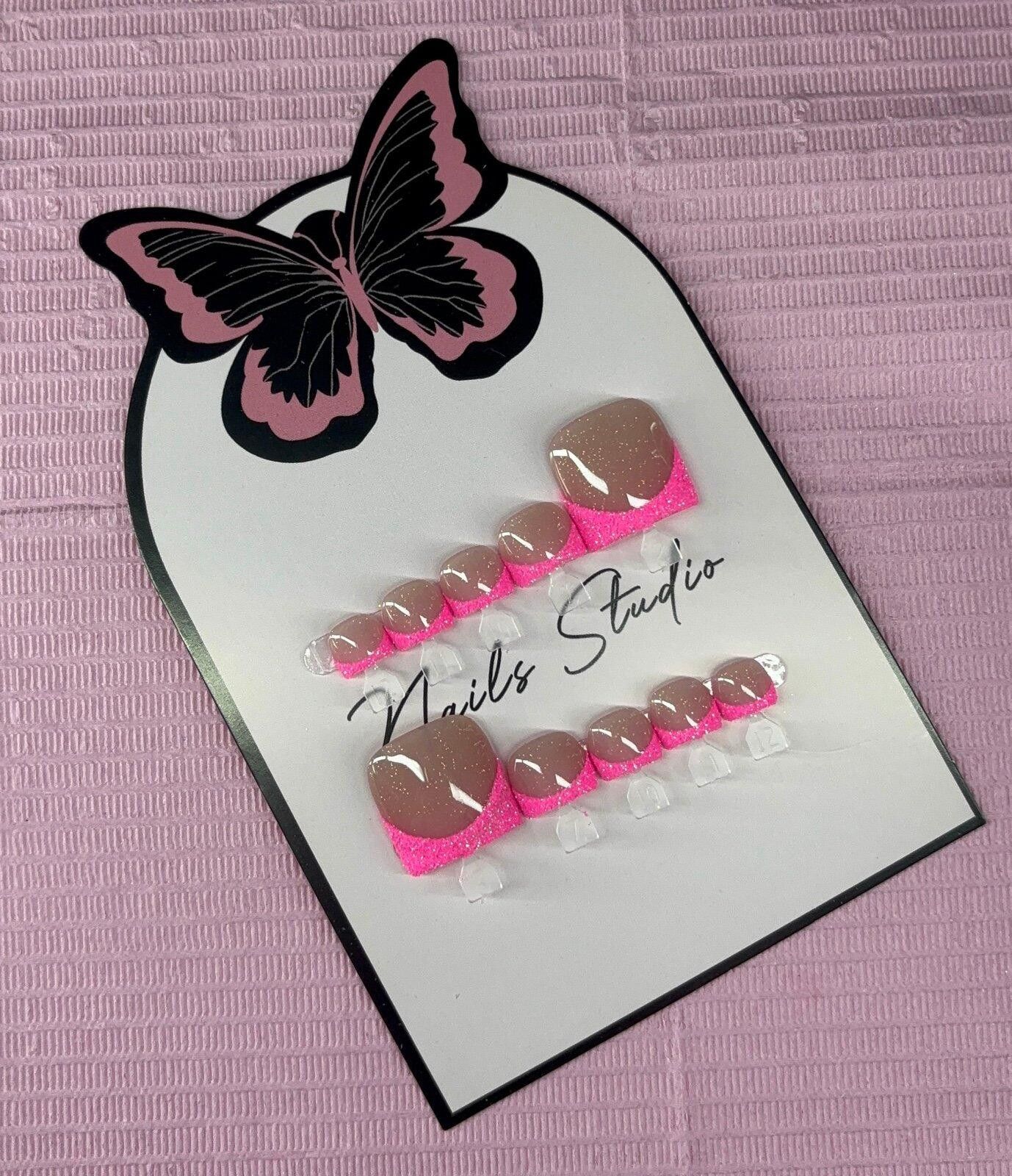 Handmade Press on toenails pink glitter French tips handmade custom Size ONE SIZE - 1 Thumbnail