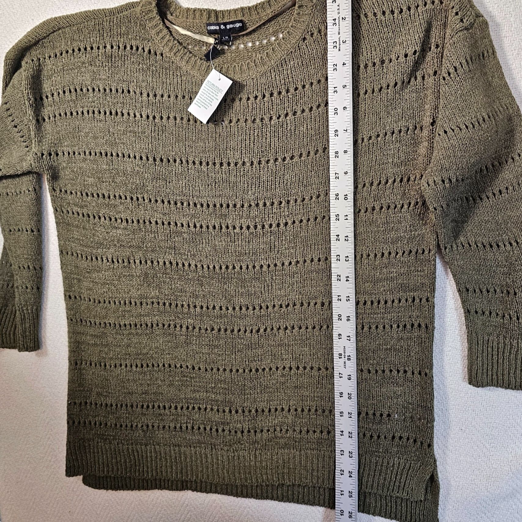 Vintage Cable & Gauge Sweater Women L Green Open-Knit Crew Neck Pullover, Acrylic Nylon, Crochet Accents, Boho Beach Style - Womens Size L / US 10 / IT 46 - 4 Thumbnail