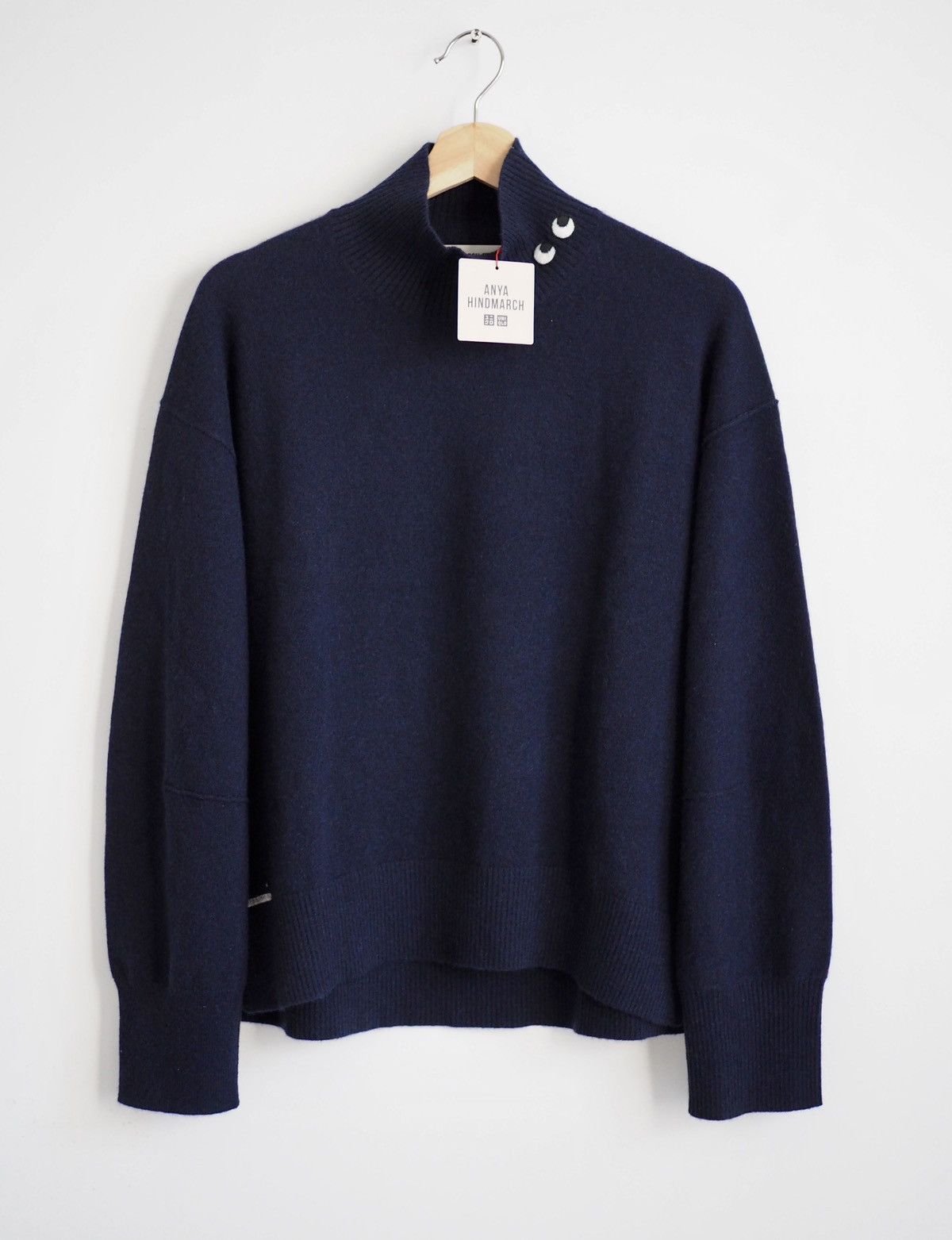 image of Anya Hindmarch Mock Neck Cashmere Sweater Medium in Navy, Women's