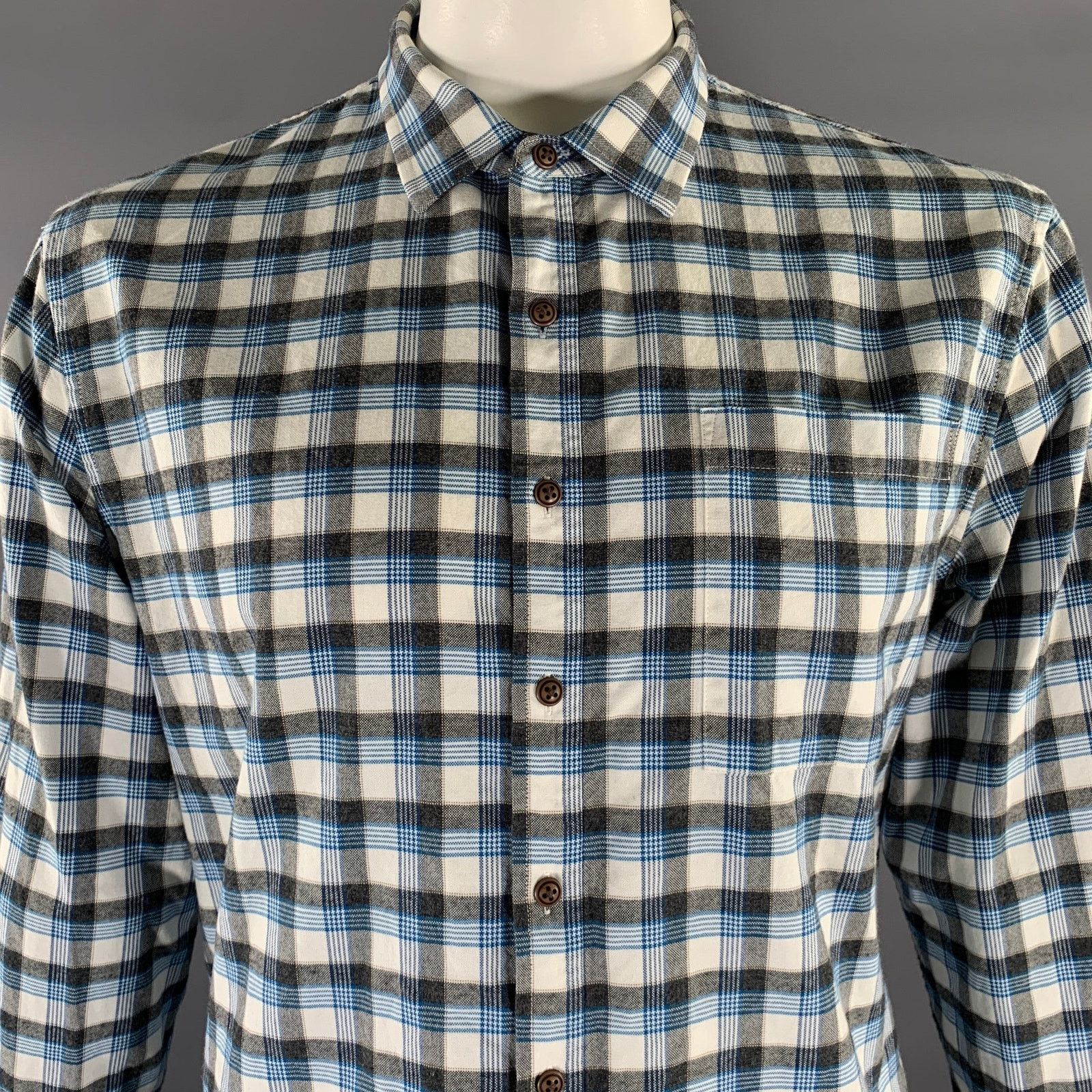ATM ATM Gray Blue Plaid Cotton Elbow Patches Long Sleeve Shirt Size US L / EU 52-54 / 3 - 2 Thumbnail