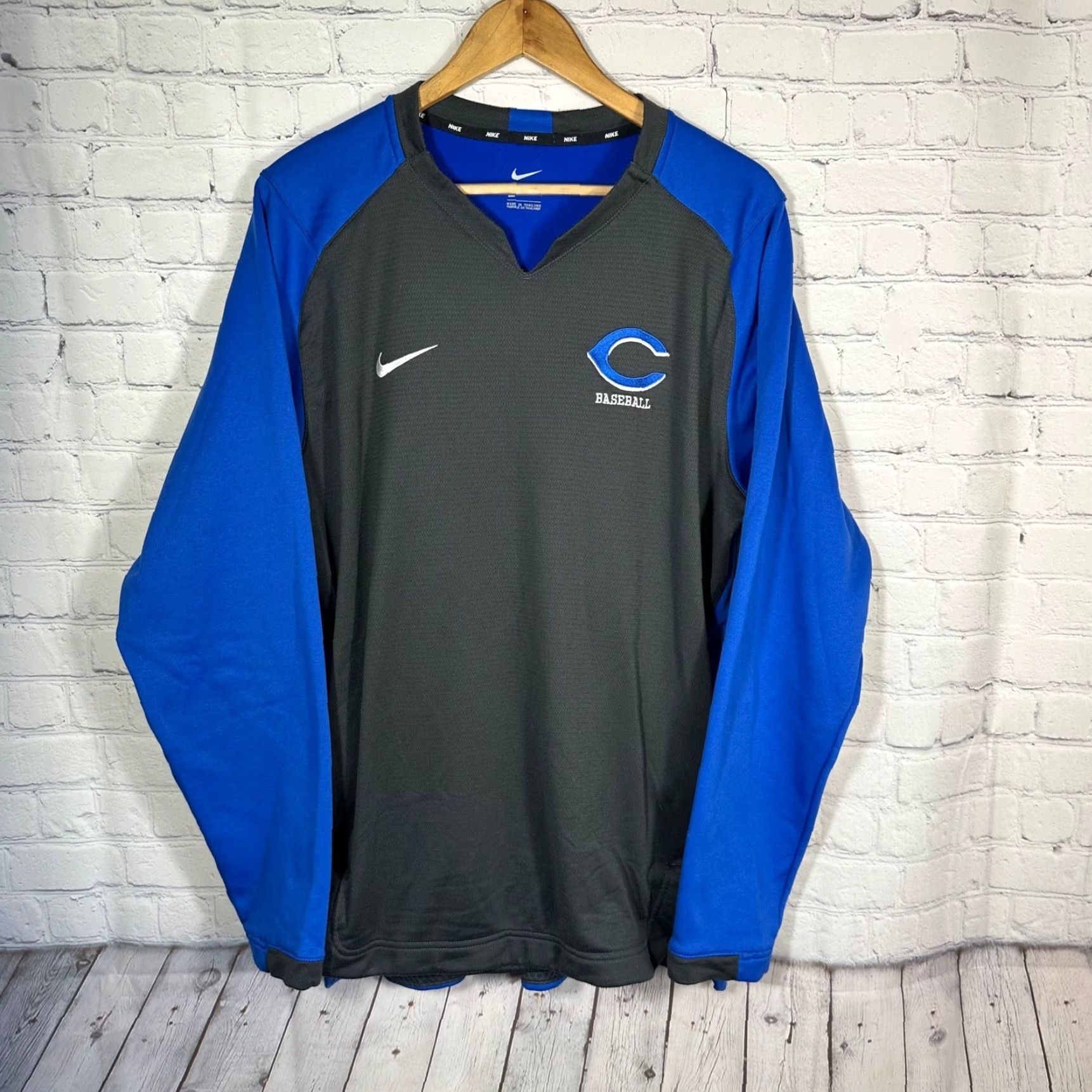 Nike Nike Baseball Mens Large Blue Grey Long Sleeve V-Neck Pullover Training Top Size US L / EU 52-54 / 3 - 2 Thumbnail