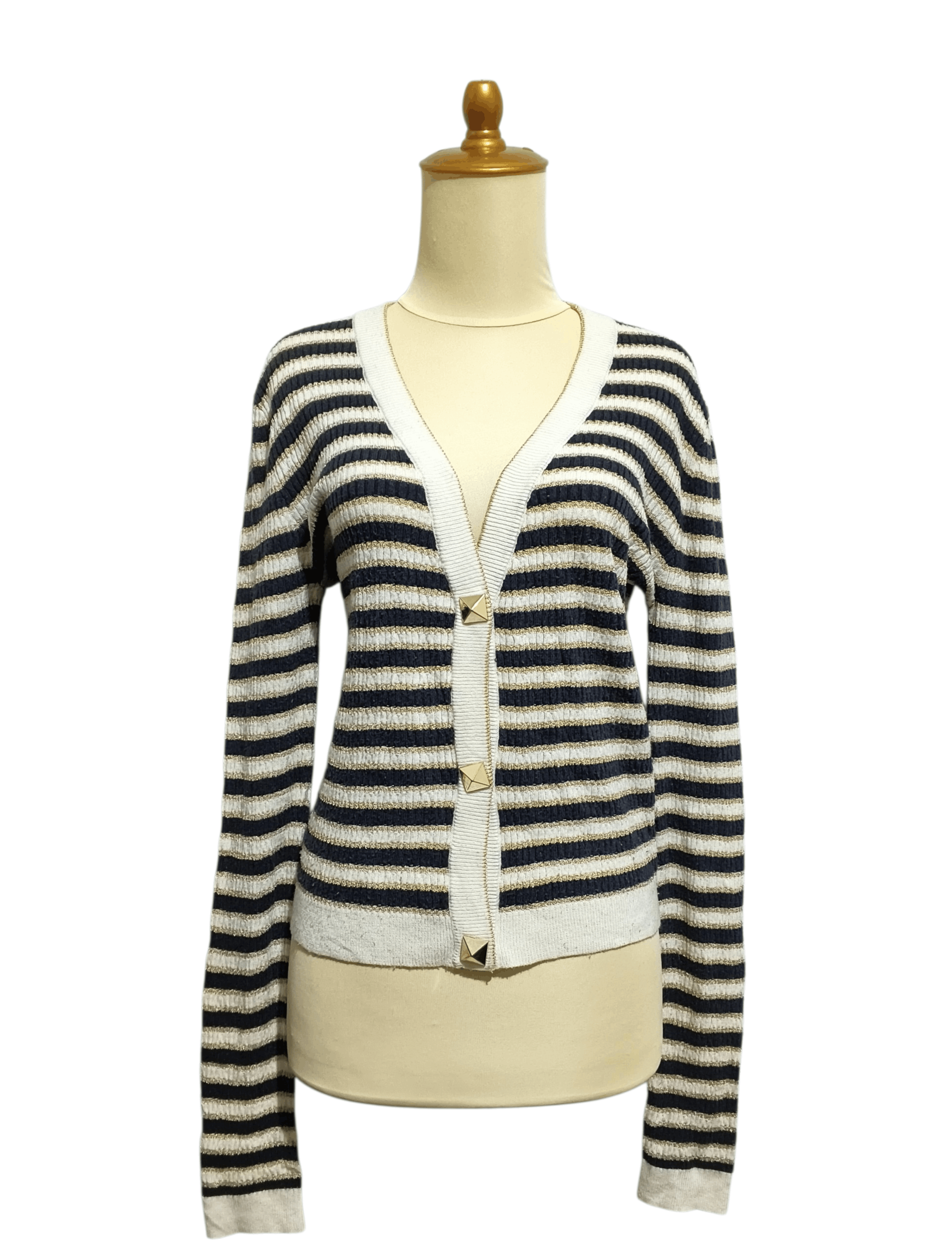 Valentino 🔥Valentino Navy,Cream & Gold Lurex Striped Cropped Cardigan Size M / US 6-8 / IT 42-44 - 1 Thumbnail