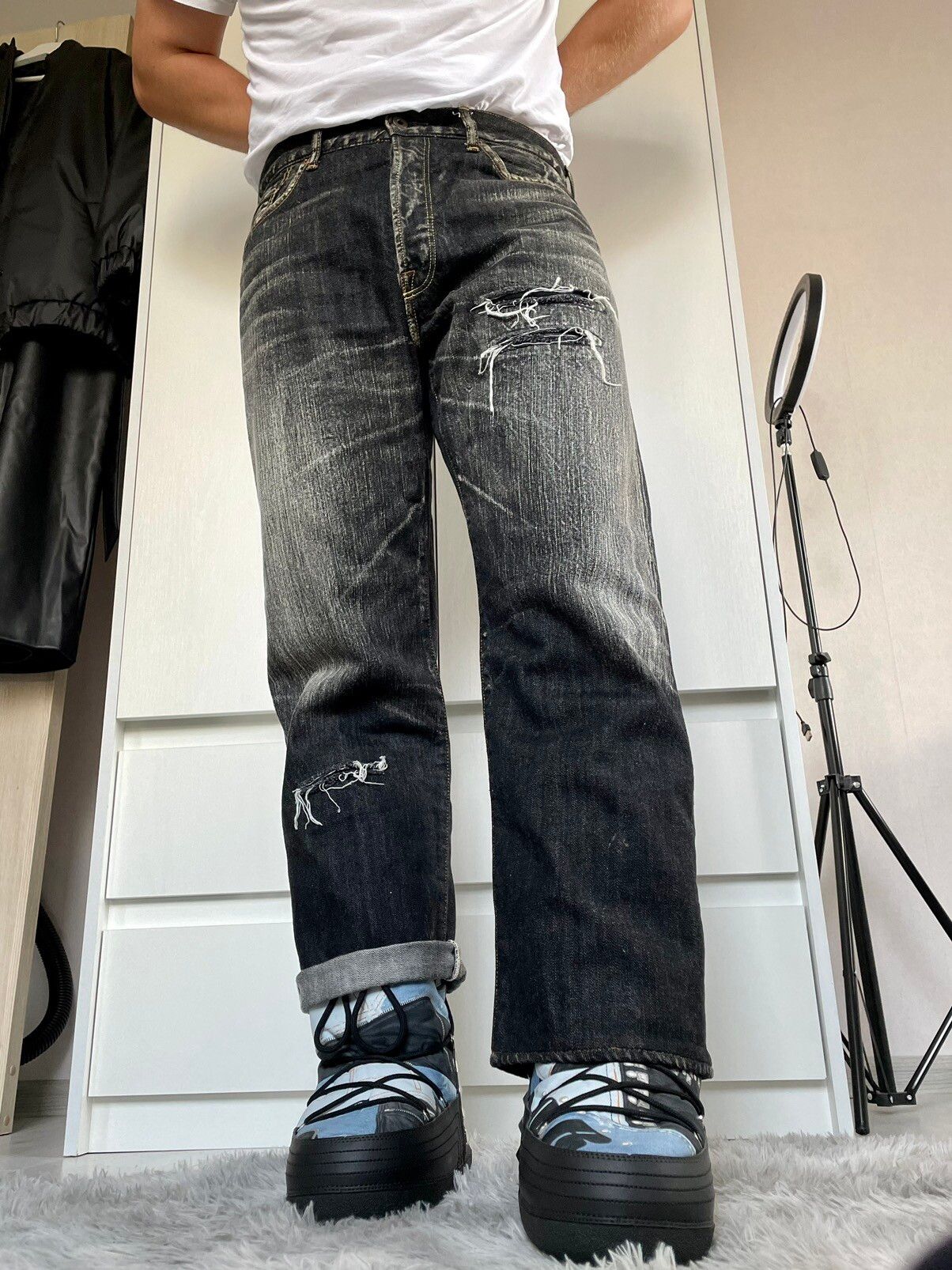 Pre-owned Yohji Yamamoto By Spotted Horse Distressed Selvedge Jeans In Faded Black