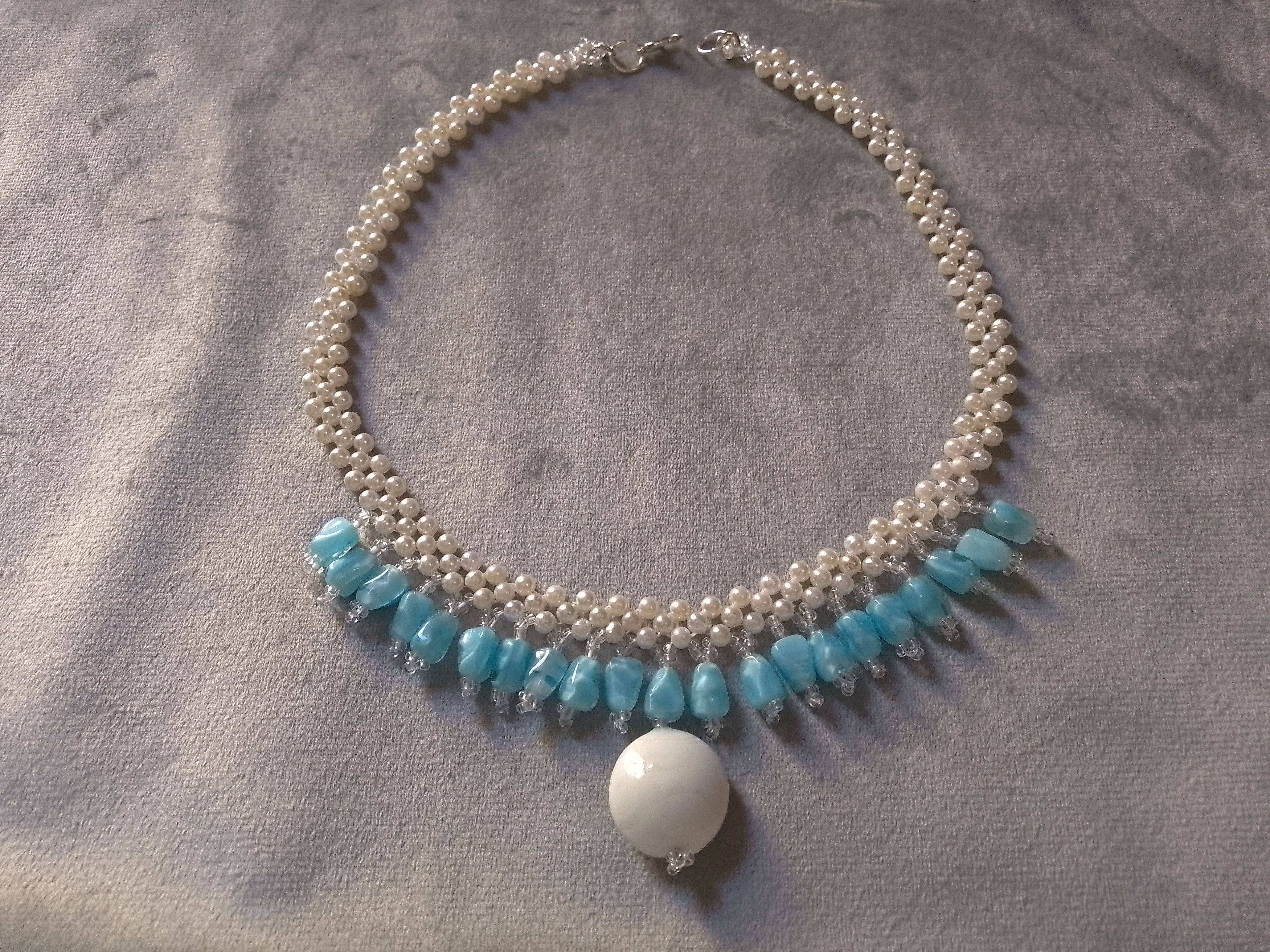 Handmade Pearls necklace with resin blue stones and ceramics Size ONE SIZE - 1 Thumbnail