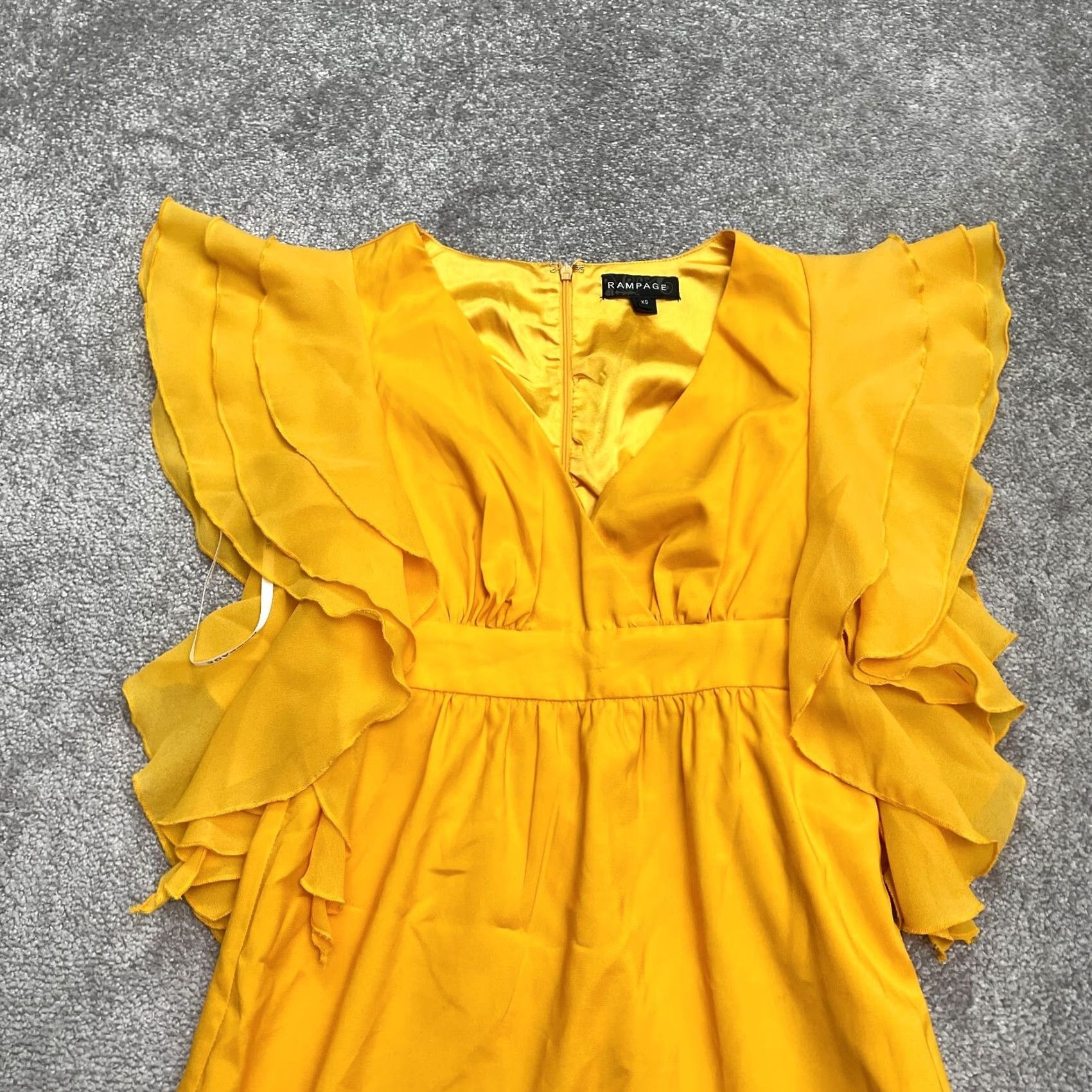 Vintage Rampage Flutter Ruffles Midi Sheath Dress Womens XS Yellow V-Neck Lined Size XS / US 0-2 / IT 36-38 - 4 Thumbnail