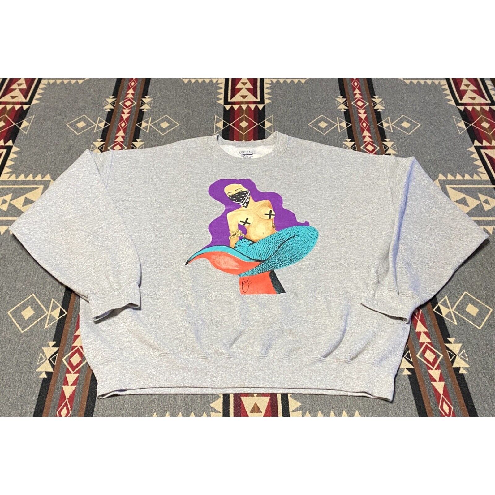 image of Vintage Sue Tsai Little Mermaid Art Graphic Heather Gray Cotton Sweatshirt 2Xl Mens T74 in White