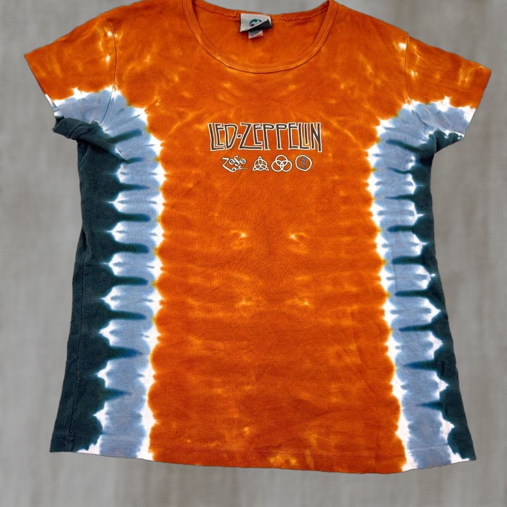 VINTAGE Led Zeppelin Shirt Women XL Orange Tie Dye Liquid Blue Band Tee Cropped UI Logo 90s Music Mens Womens