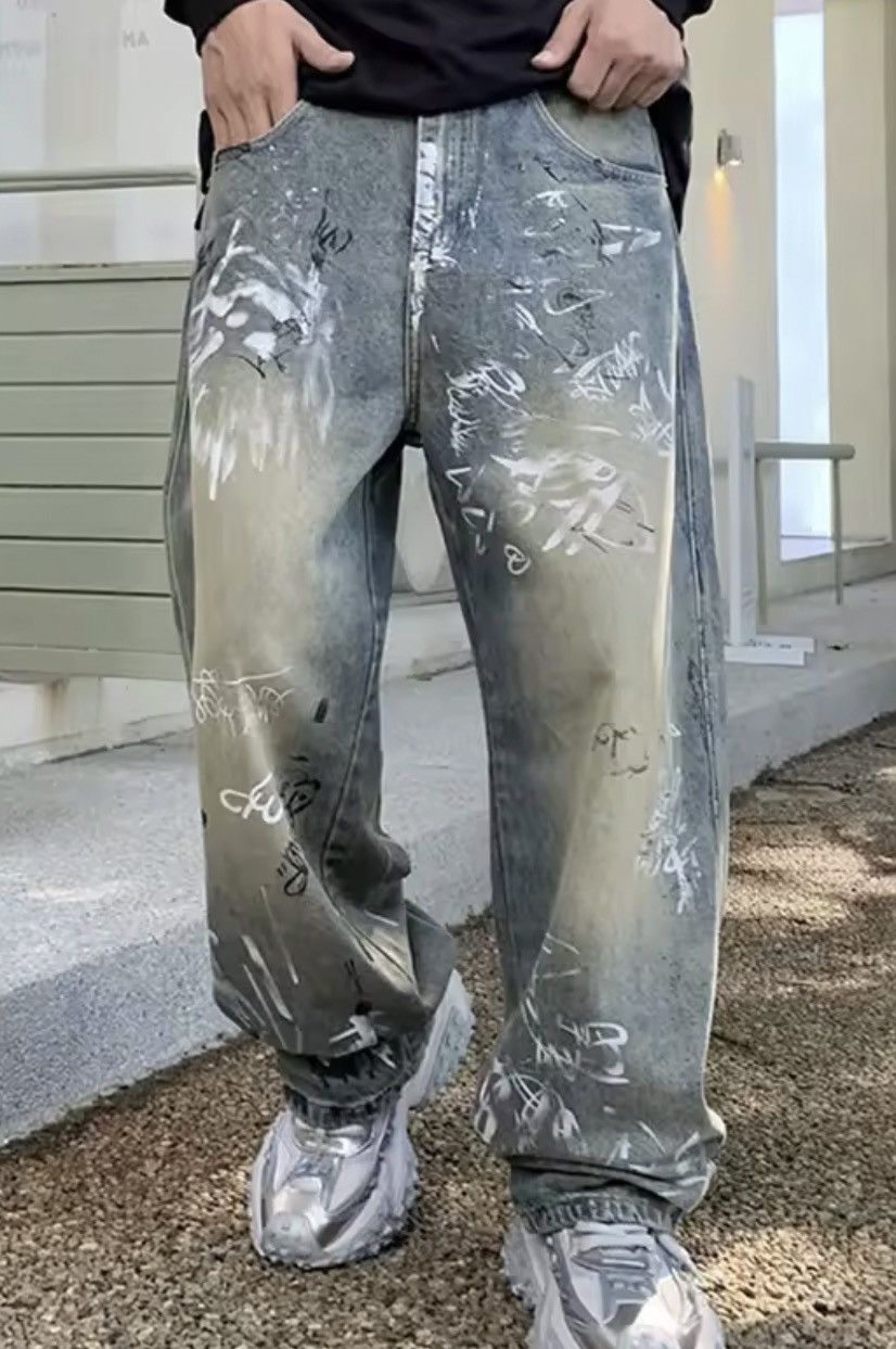 Jean Graffiti-Print Wide-Leg Denim Pants | Oversized Streetwear Size US 27 - 1 Thumbnail