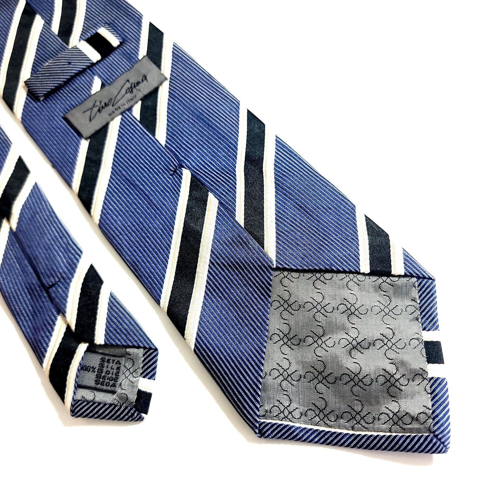 Designer Timo Cojuna Woven Blue Black Cream Striped Woven Tie Size ONE SIZE - 5 Thumbnail
