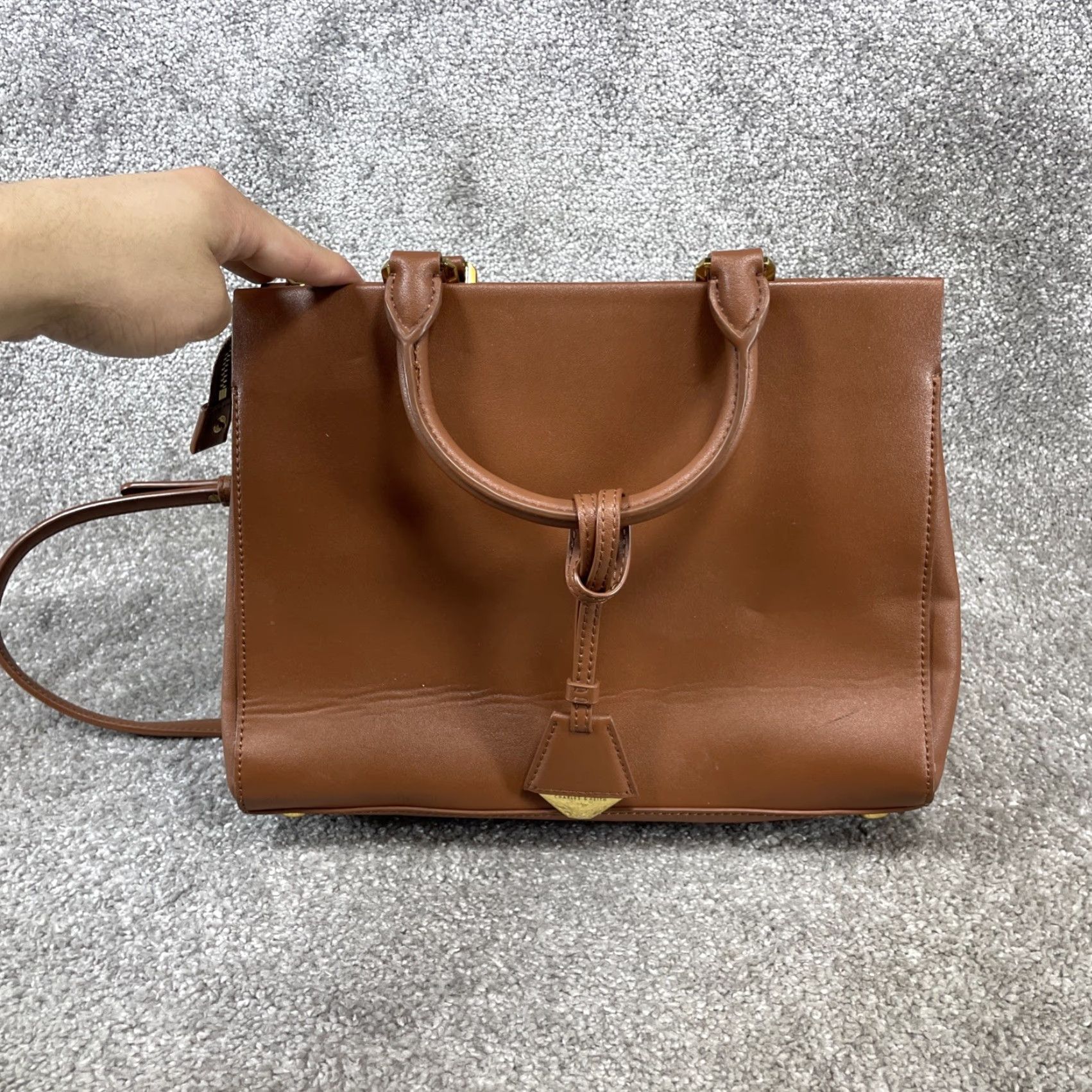 Vintage CHARLES & KEITH Bags Womens Small Harper Geometric Satchel/Top Handle Bag Brown Leather Zip Size S / US 4 / IT 40 - 4 Thumbnail