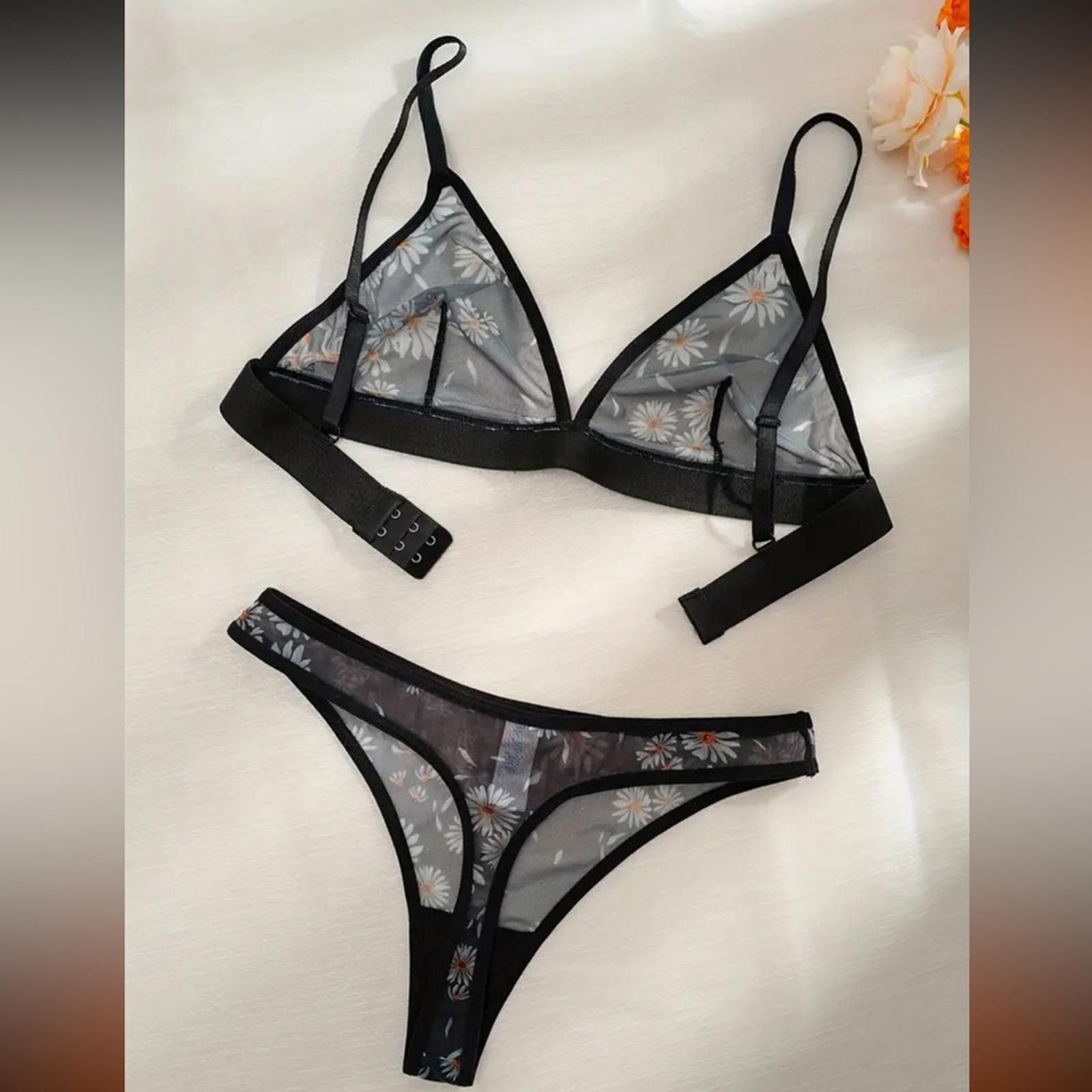 Designer Floral Sheer Black Daisy Lingerie Set Bralette and Thong Size ONE SIZE - 3 Thumbnail