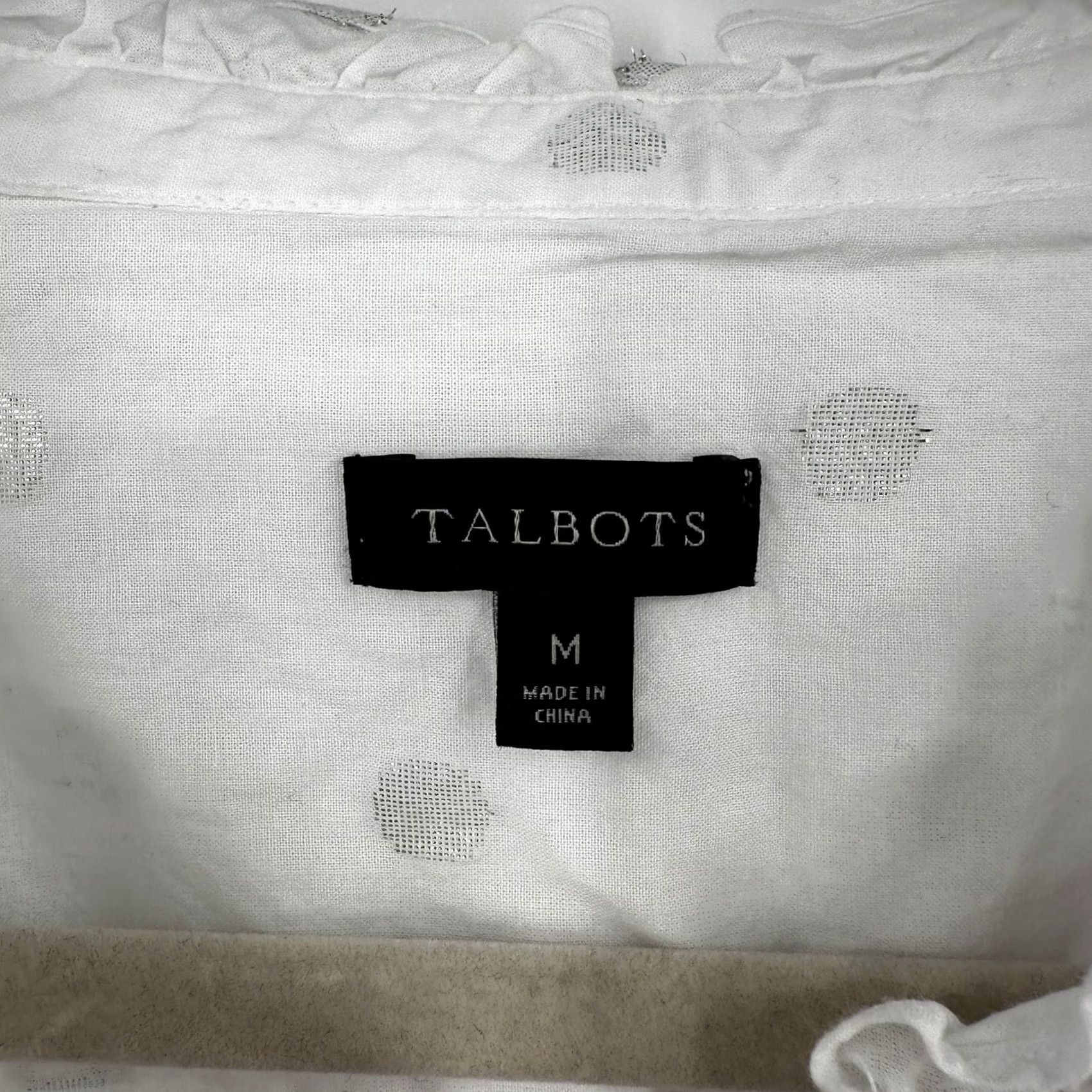 Talbots Talbots Womens White Silver Metallic Polka Dot Ruffle Split Neck Blouse M Size M / US 6-8 / IT 42-44 - 3 Thumbnail
