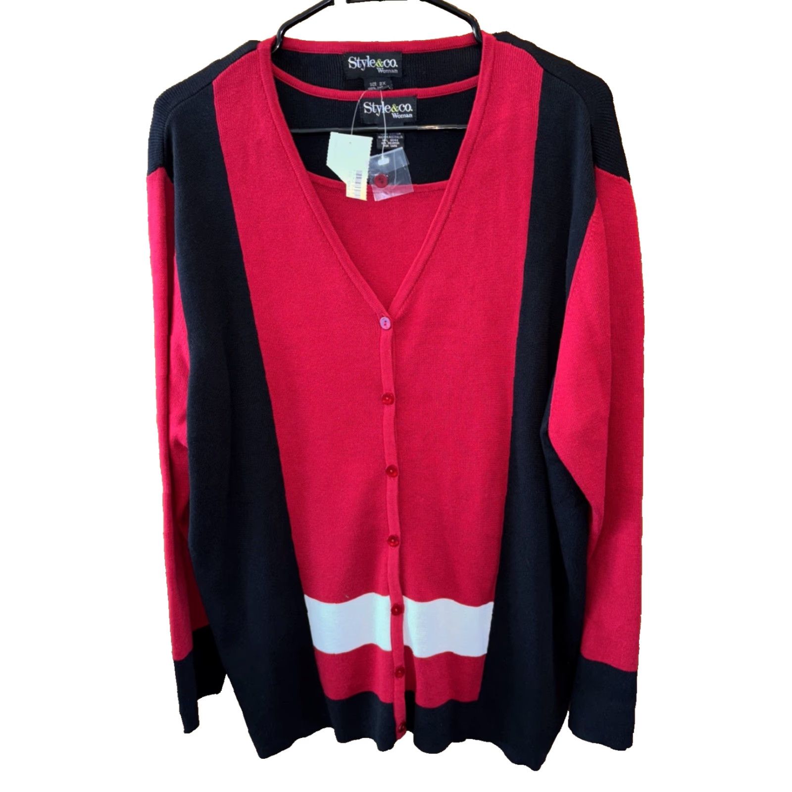 Style & Co VINTAGE Style & Co 2 Piece Women Sweater Set NEW Cardigan Tank 2X Red White Black Cotton Size XXL / US 16-18 / IT 52-54 - 2 Thumbnail