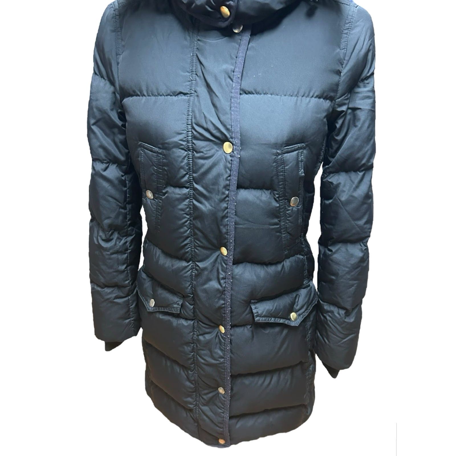 Vintage J Crew Women's Drawstring Hood Pocketed Long Puffer Jackets Solid Black Medium Size M / US 6-8 / IT 42-44 - 3 Thumbnail