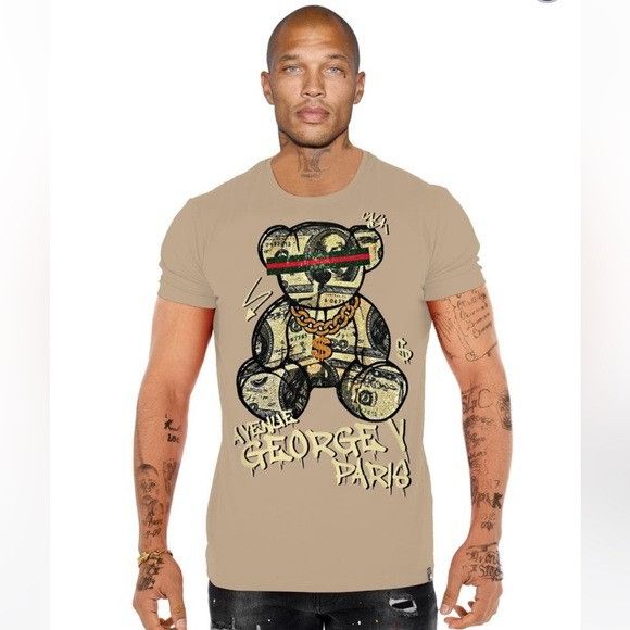 Designer George V Black Beige Designer Men’s Rhinestone Tee Shirt Size US XXL / EU 58 / 5 - 1 Thumbnail