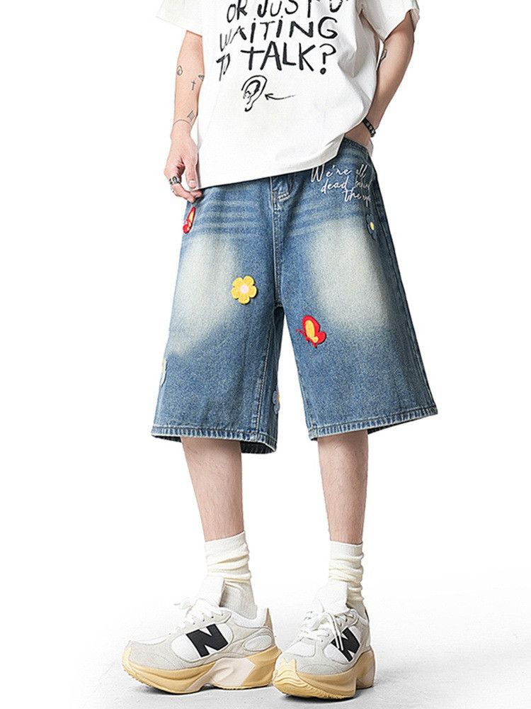 Japanese Brand Men's American-Style Floral Embroidered Denim Shorts Size US 32 / EU 48 - 2 Thumbnail