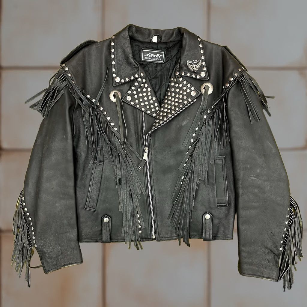 Vintage VINTAGE American Vintage Leather Jacket Biker 80/90s Studded Fringe Black Large Mens Size US L / EU 52-54 / 3 - 1 Thumbnail