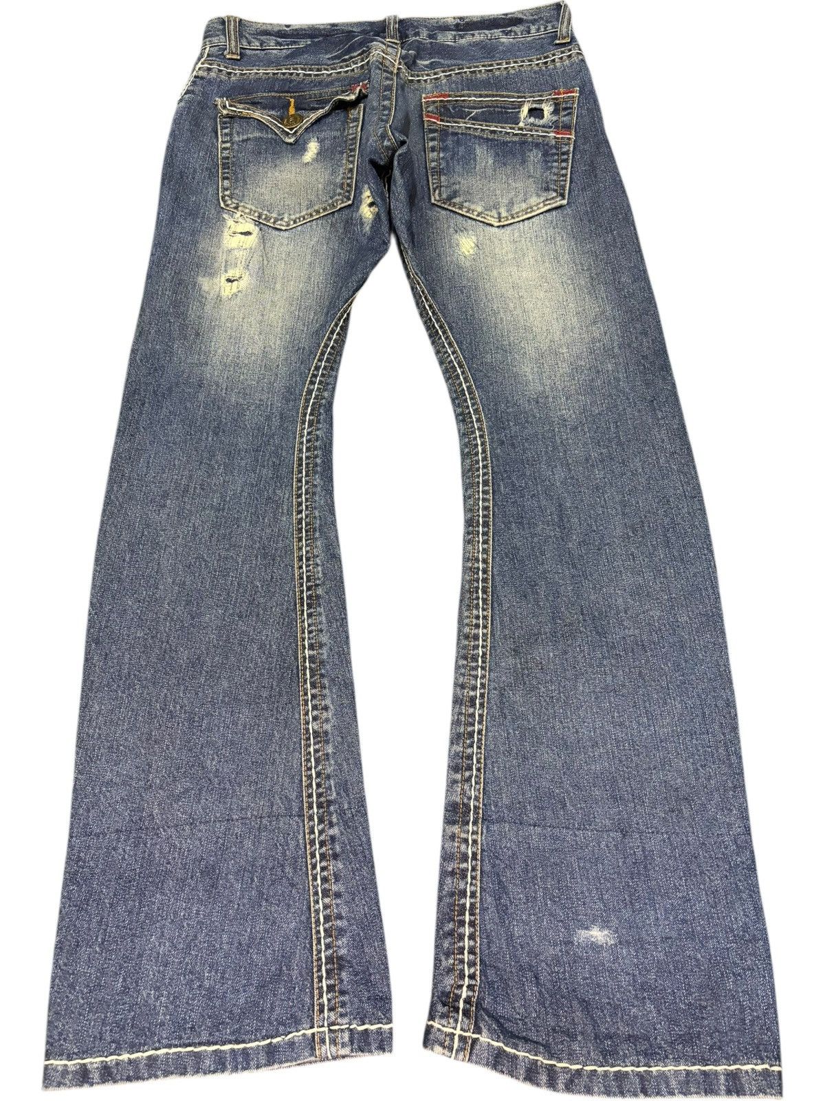 Tornado Mart Vintage Rattle Trap Sashiko Distress Curved Flare Jeans Size 32" / US 10 / IT 46 - 2 Thumbnail