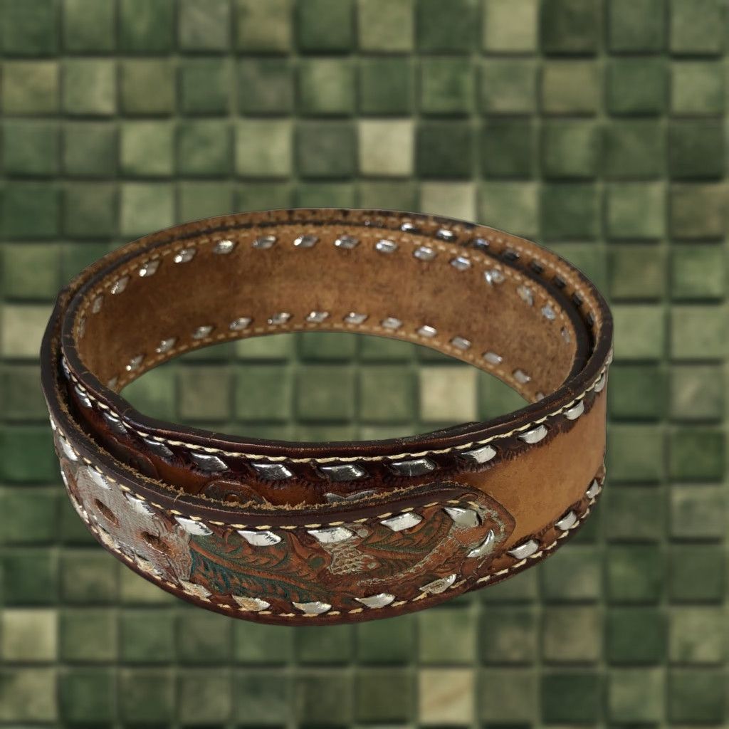 Vintage Belt Mens 36 Brown Leather Western Armadillo Studded Name BOB Animal Design Size 36 - 1 Thumbnail