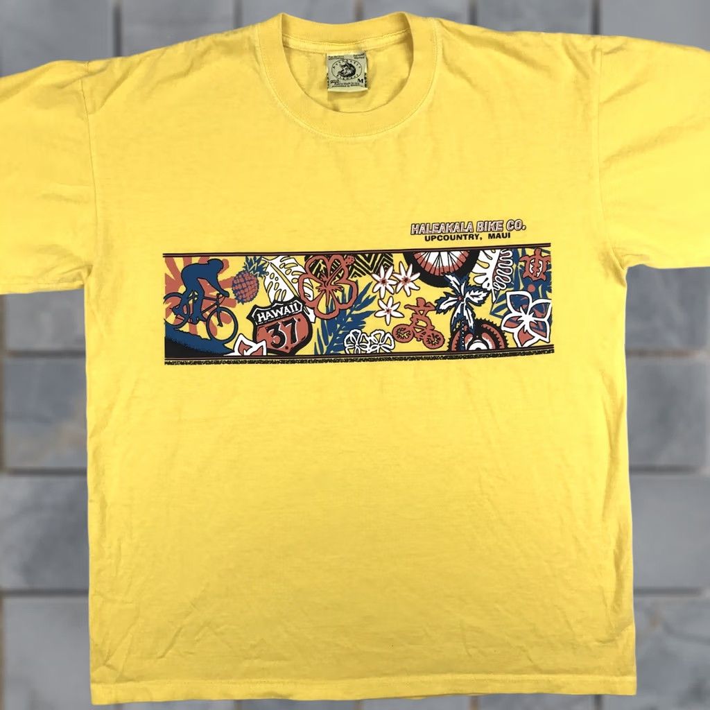 Anvil VINTAGE Haleakala Bike Co. Upcountry Maui Hawaii Survivor 2-Sided T-Shirt L Yellow Mens 90s Cartoon Double-Sided Cotton 80s 90s Vintage Shirt Size US L / EU 52-54 / 3 - 1 Thumbnail