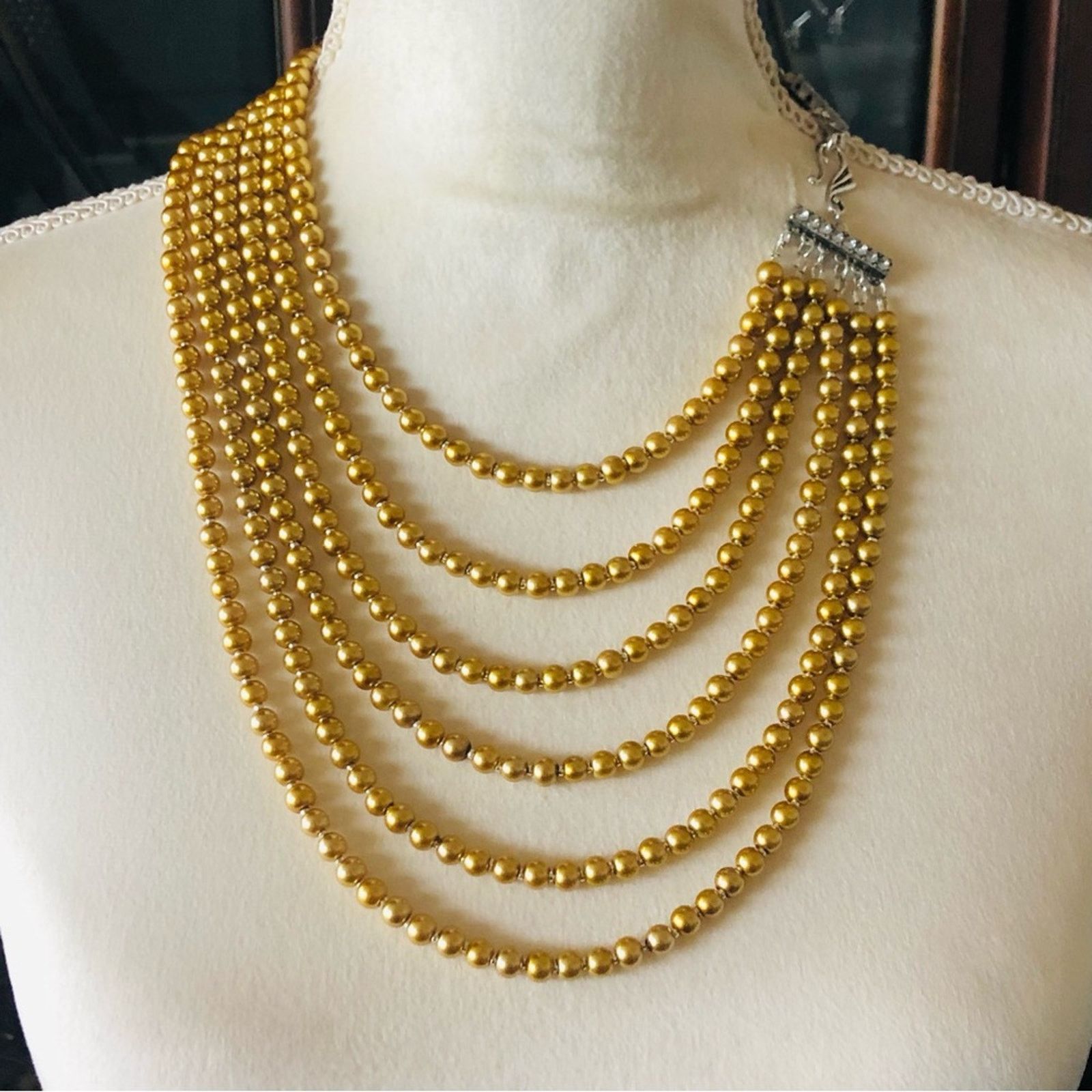 Handmade Handcrafted six strand golden Czech glass pearl necklace Size ONE SIZE - 2 Thumbnail