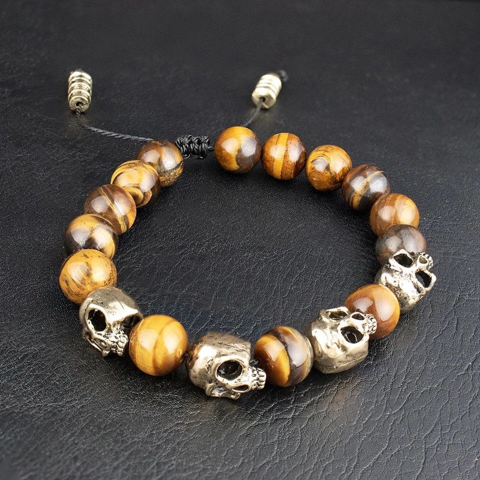 Jewelry Gothic Skull Head Charm Tiger eye Bracelet Size ONE SIZE - 2 Thumbnail