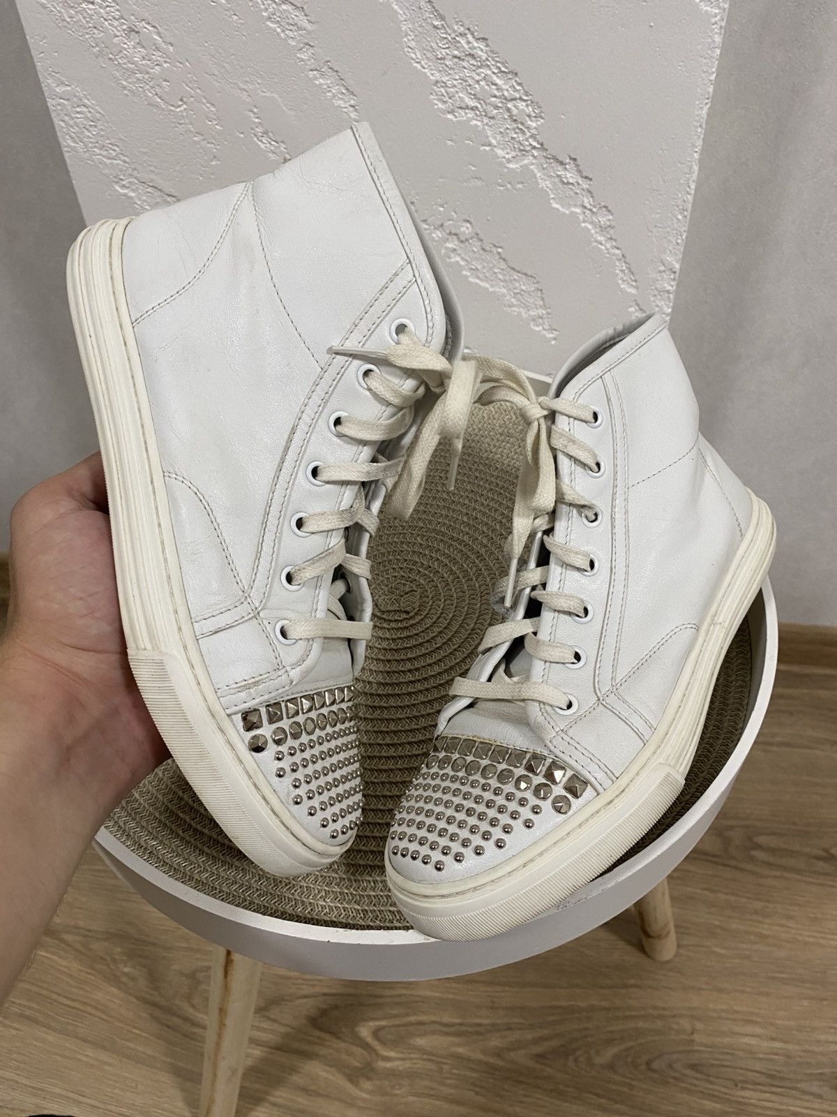 Gucci Metal Spikes White Leather Hi-top Sneakers Size: 37