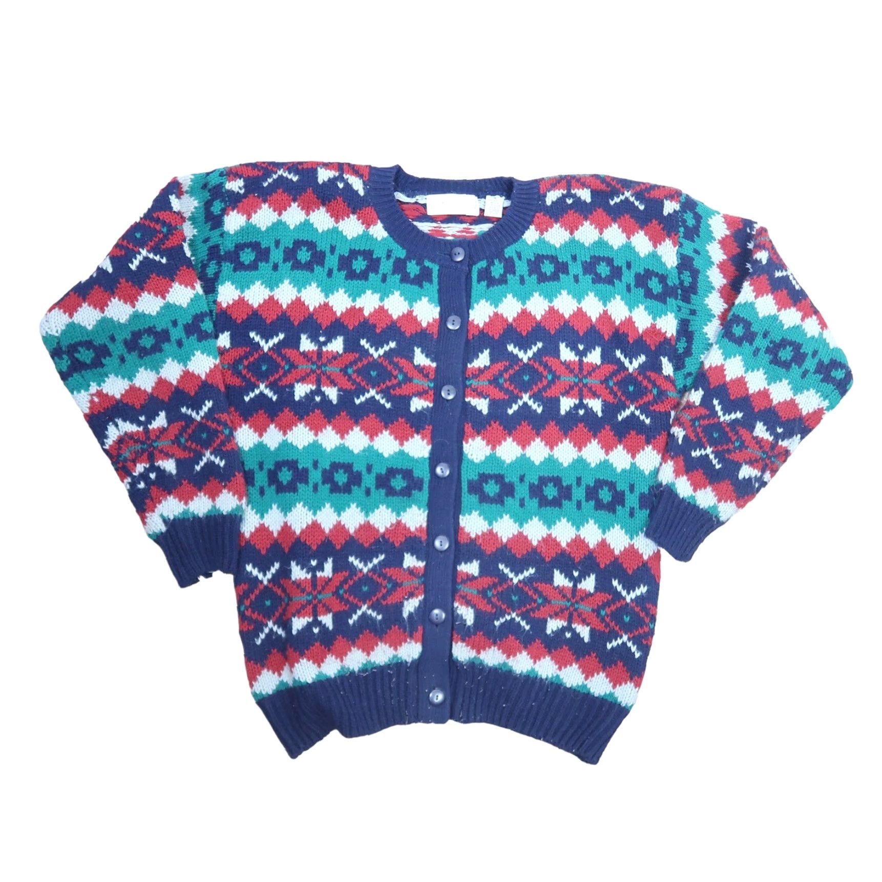 Vintage VINTAGE Persuasion Cardigan Sweater Geometric Knit Navy Blue Teal M Womens 90s Size M / US 6-8 / IT 42-44 - 6 Thumbnail