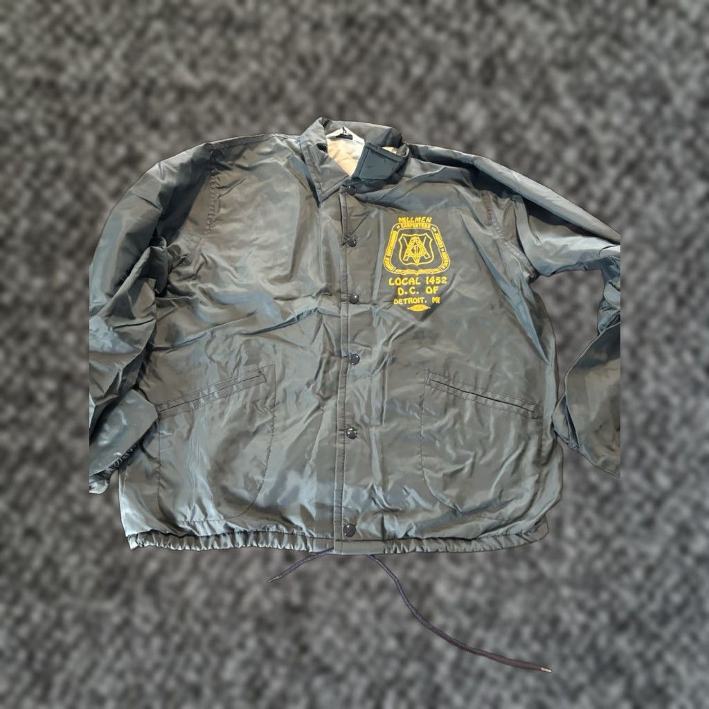 VINTAGE West Wind Local 1452 Detroit Michigan Millmen Carpenter Nylon Button Jacket Men L Long Sleeve Blue 1980s Workwear