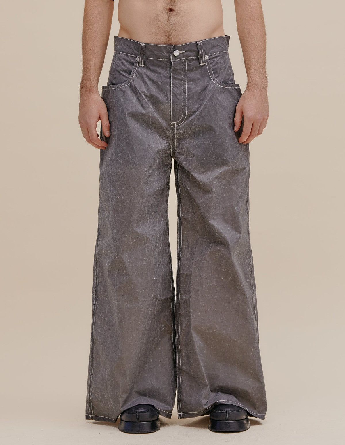 image of Eckhaus Latta Nylon Ultra Wide Leg Jean in Grey, Men's (Size 34)