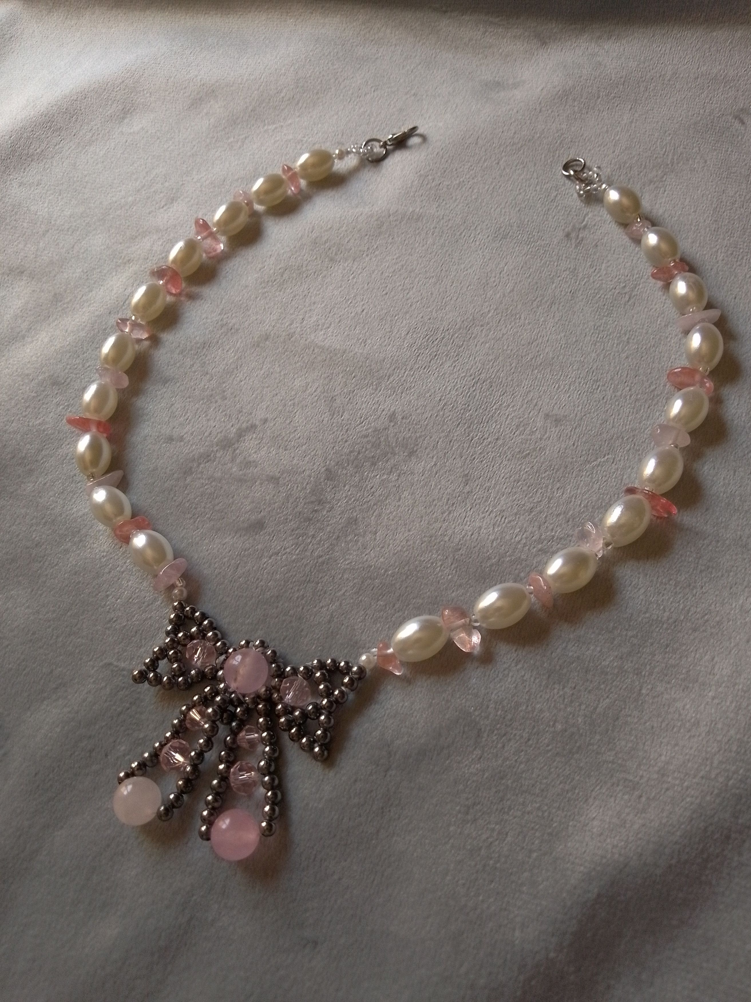 Handmade Bow necklace with natural rose with gemstones& pearls Size ONE SIZE - 4 Thumbnail