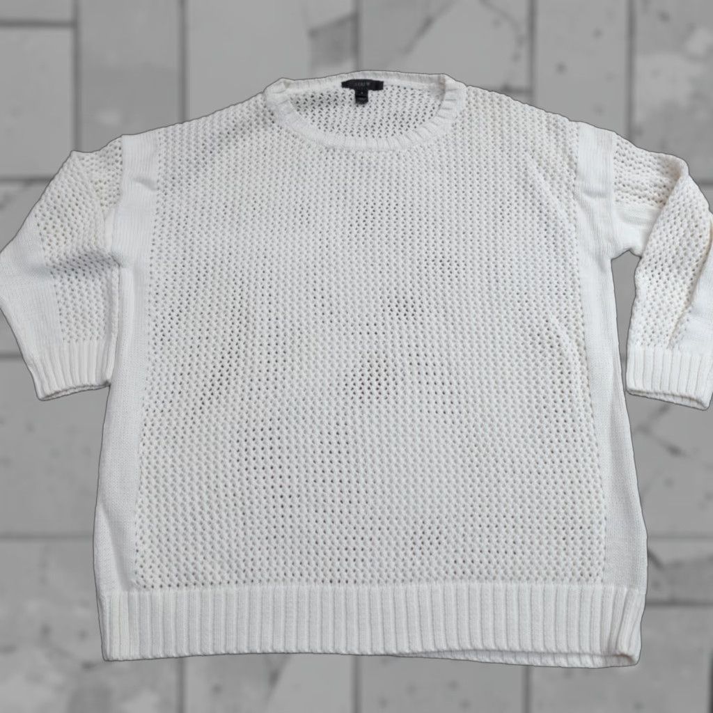 J.Crew J.CREW Sweater Womens Small White Open-Knit Crew Neck 3/4 Sleeve Cotton Pullover 100% Knit Ivory A7981 Size S / US 4 / IT 40 - 1 Thumbnail