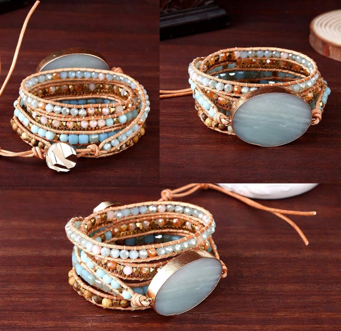 Other Boho Natural Stone Crystal Leather Bead Wrap Bracelet Size ONE SIZE - 3 Thumbnail