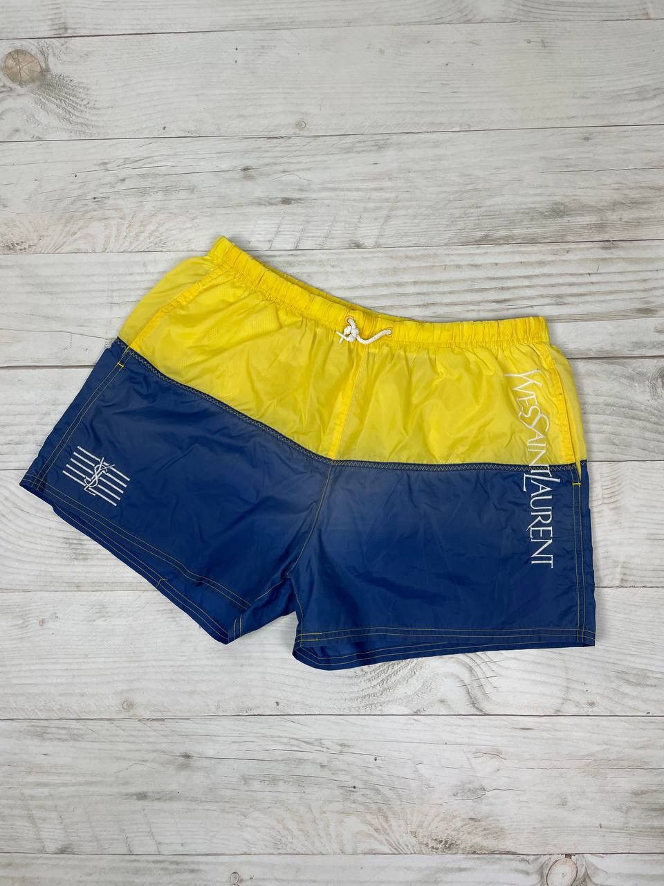 image of Vintage YVES Saint Laurent Nylon Shorts Swim Big Logo YSL in Blue Yellow, Men's (Size 34)