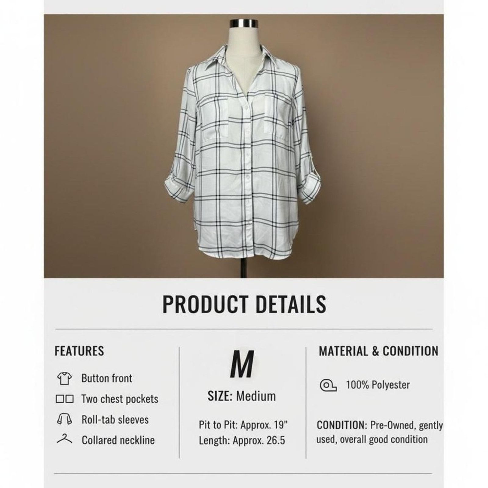 Other Fortune + Ivy White Black Plaid Blouse M Roll Tab Sleeve Top Size M / US 6-8 / IT 42-44 - 2 Thumbnail