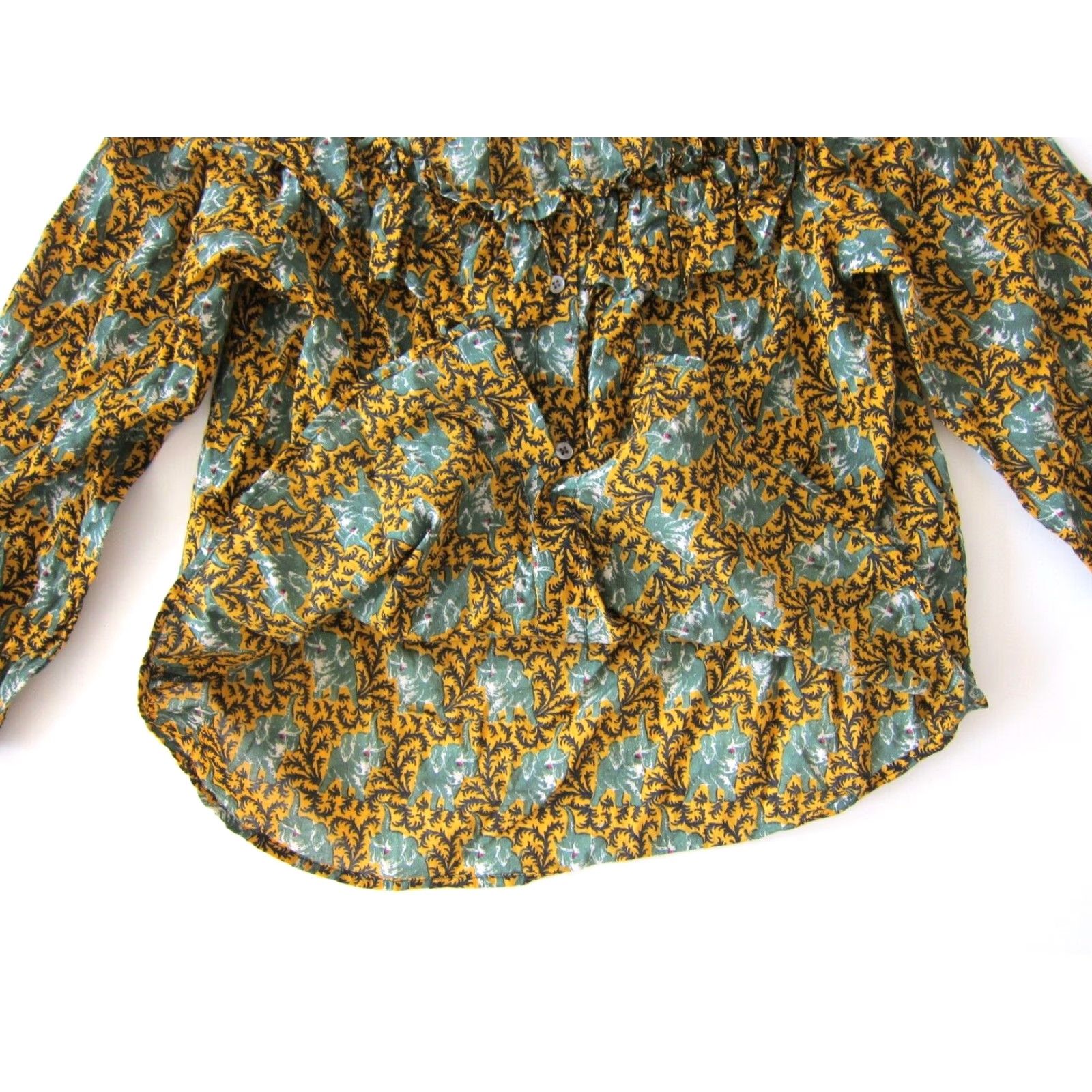 J.Crew J.Crew 100% Cotton Green Yellow Elephant Button Down Off Shoulder Blouse 6 Size M / US 6-8 / IT 42-44 - 4 Thumbnail