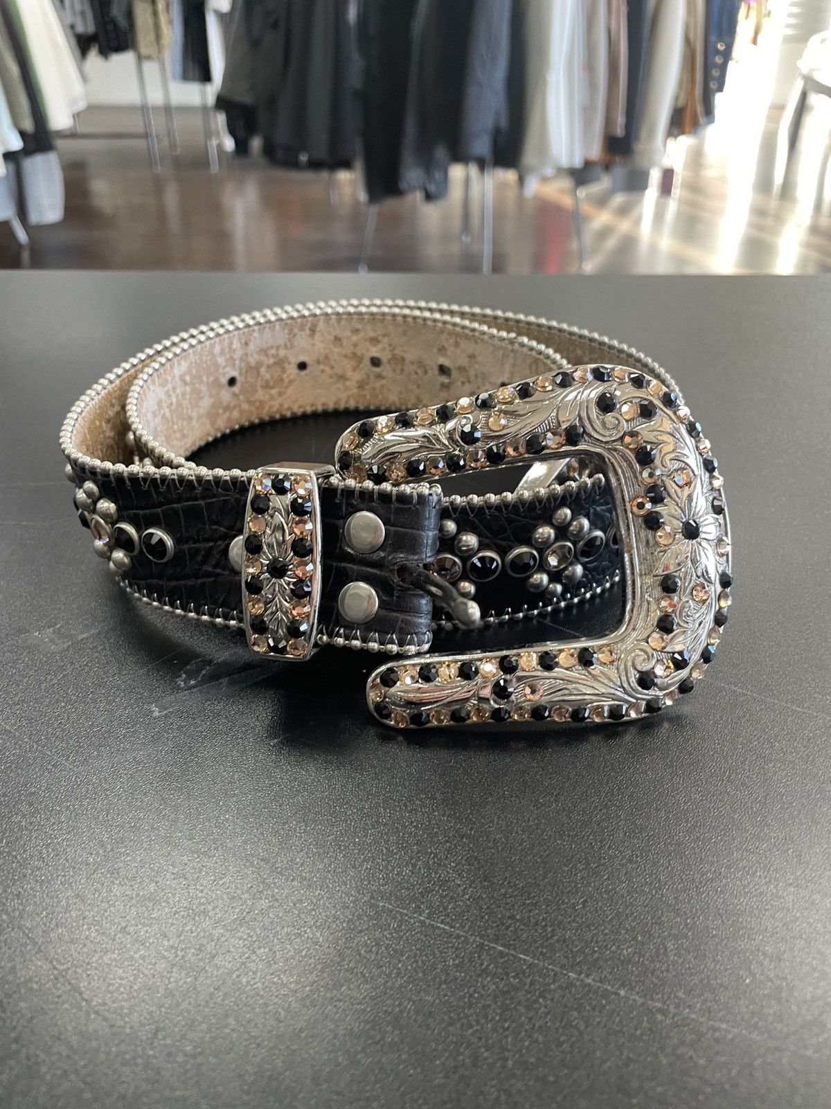 image of B B Simon Rhinestone Studded Belt Orange Black, Men's (Size 30)
