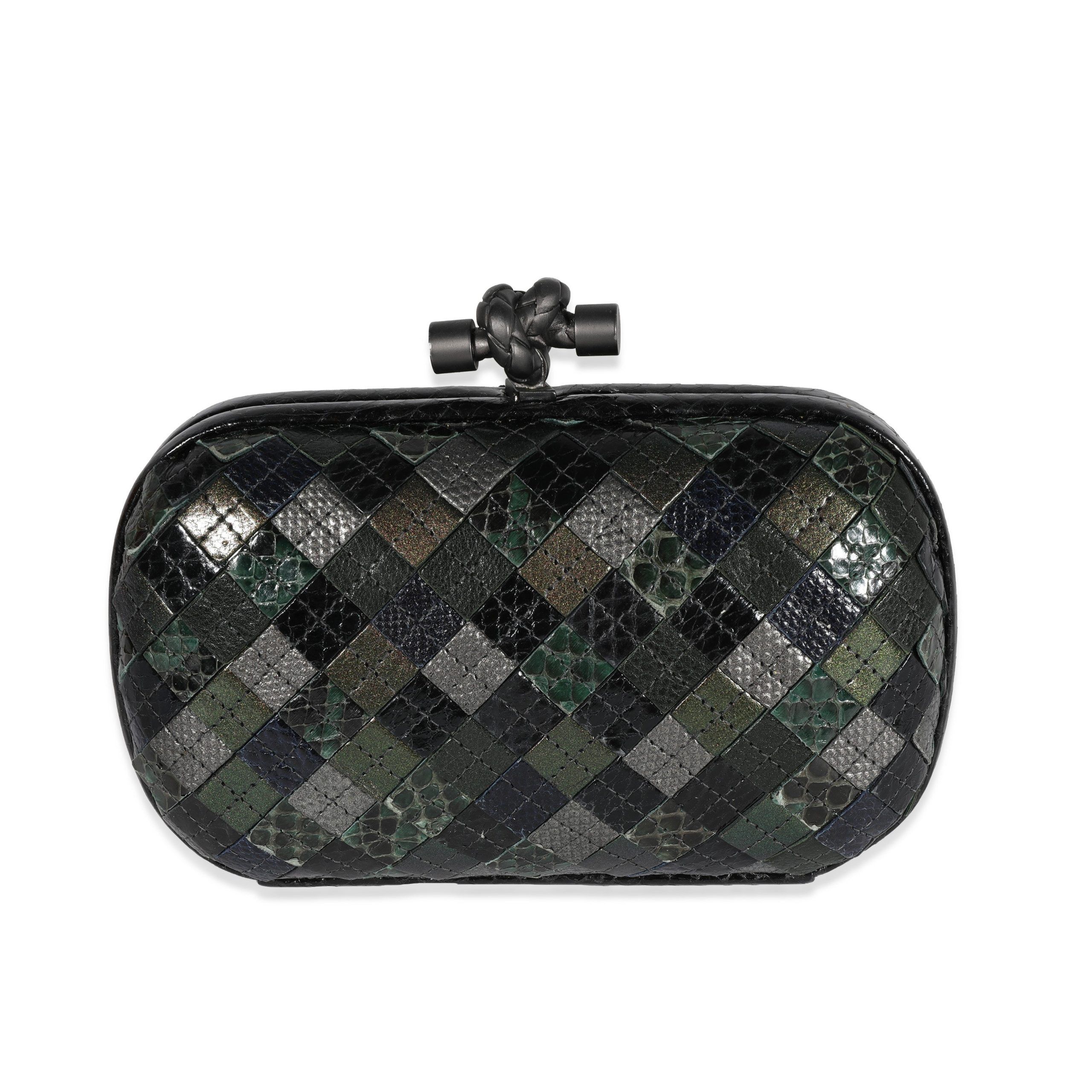 image of Bottega Veneta Green & Black Patchwork Intrecciato Python Knot Clutch, Women's