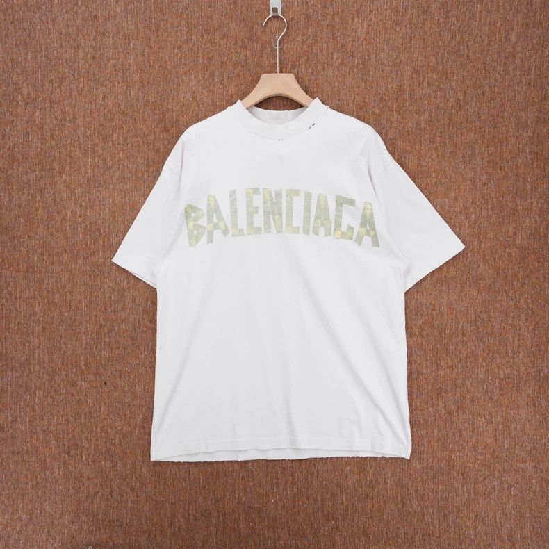 Balenciaga White Worn Front and Back Tape Logo Short Sleev