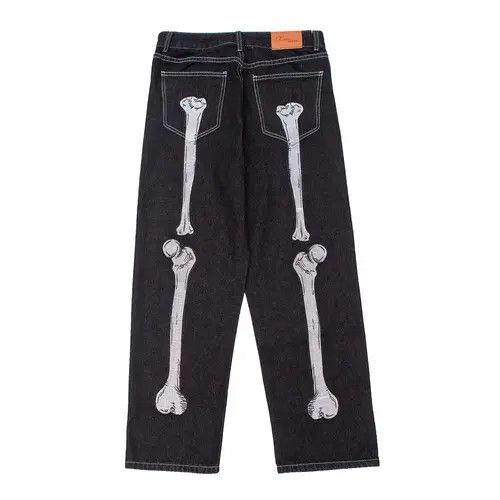 Hypebeast × Japanese Brand × Jean Black skeleton embroidery trendy loose wide-leg jeans Size US 34 / EU 50 - 1 Thumbnail