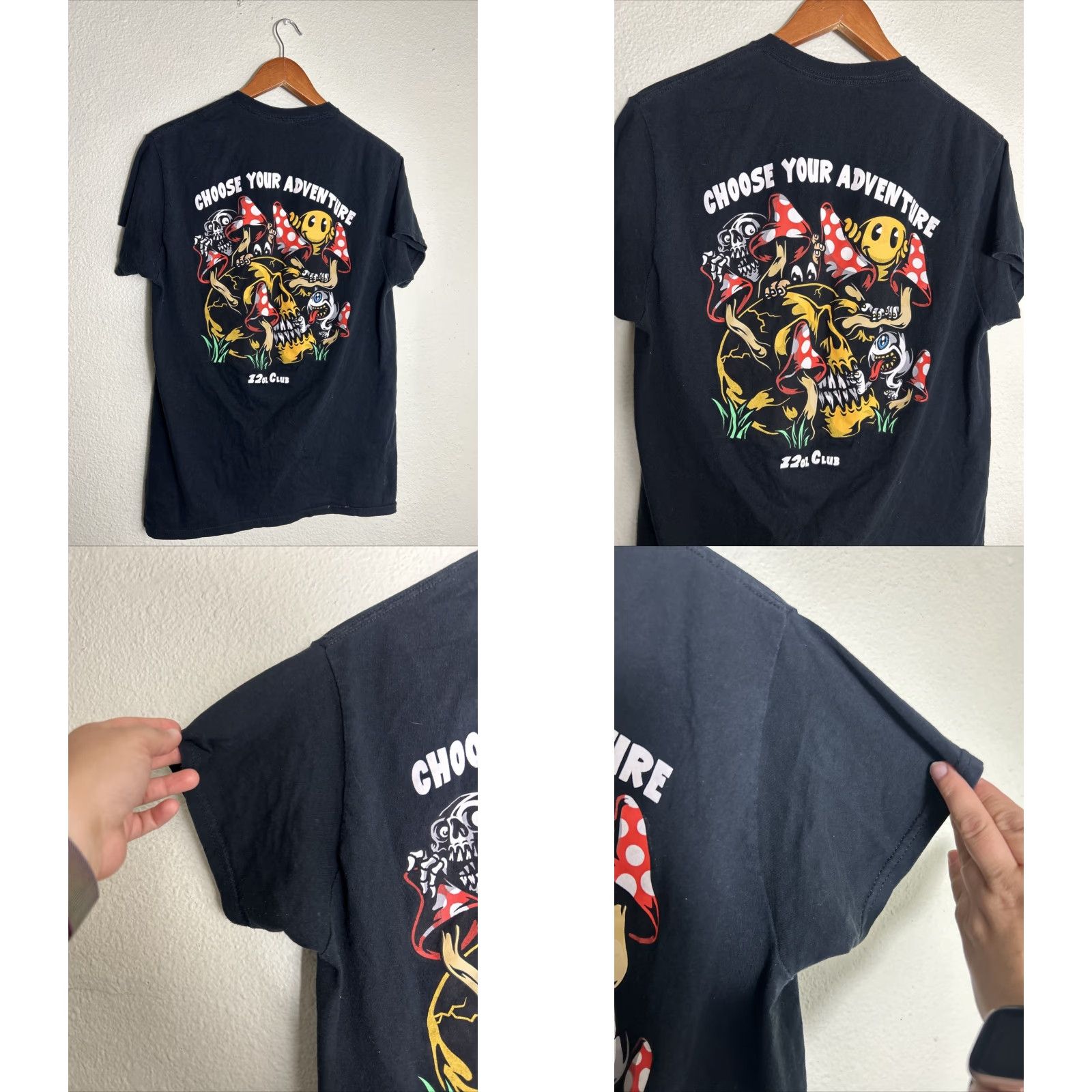Vintage 12 Oz T-Shirt Mens Short Sleeve M Choose Adventure Mushrooms Funguy Black Size US M / EU 48-50 / 2 - 8 Thumbnail