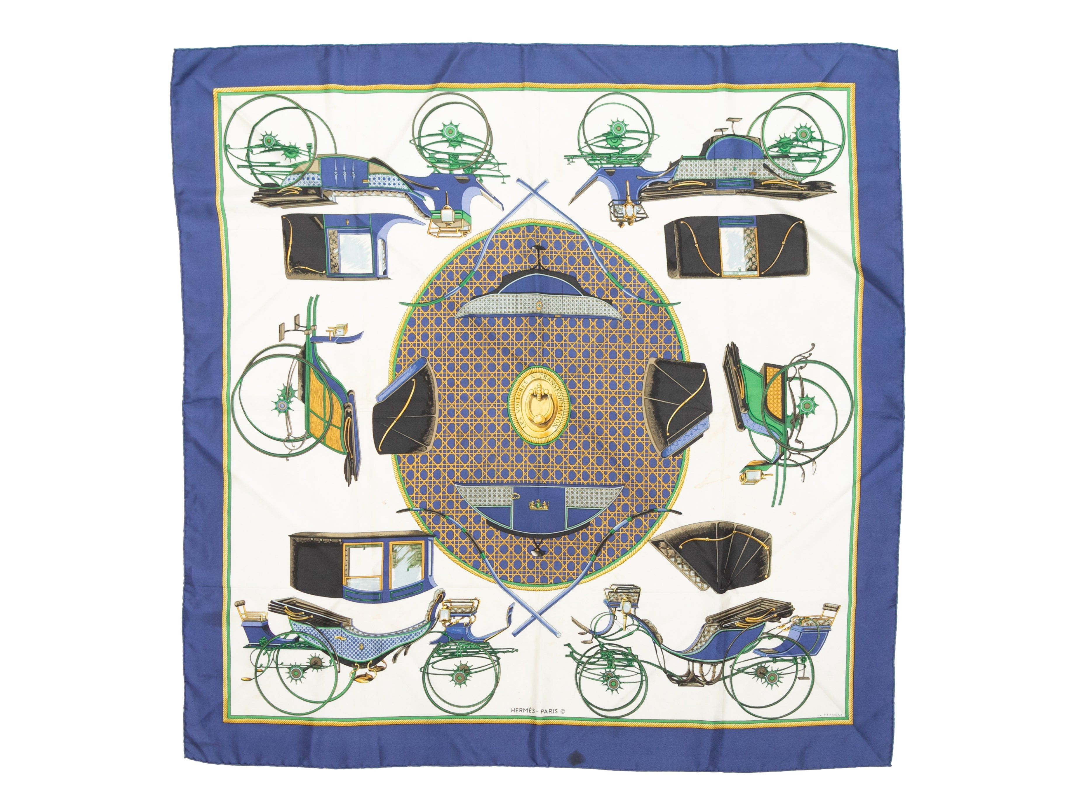 Hermes White & Multicolor Les Voitures A Transformation Print Silk Scarf Size ONE SIZE - 1 Thumbnail
