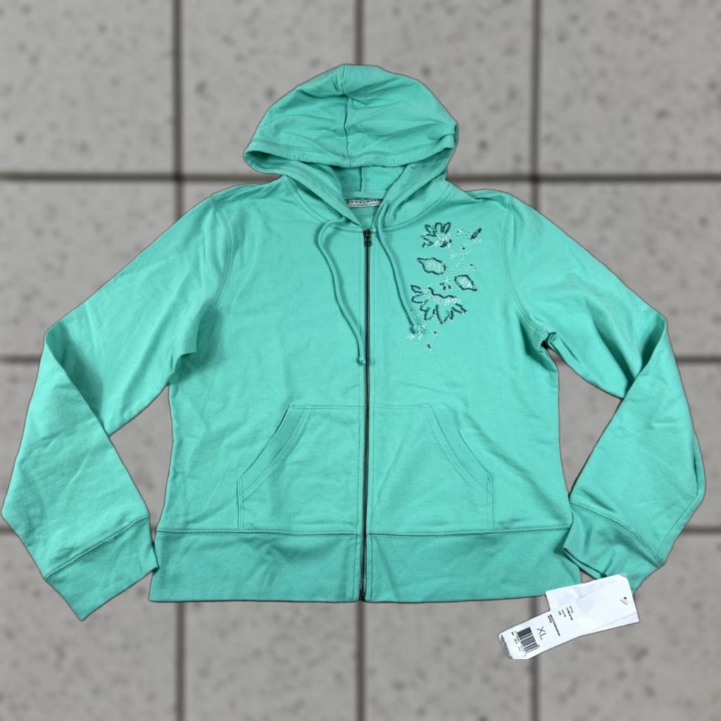 Liz Claiborne NWT Crazy Horse Hooded Jacket Women's XL Mediterranean Sky Flower Green Cotton Zipper Basic Jacket Purse? (Wait) Size XL / US 12-14 / IT 48-50 - 1 Thumbnail