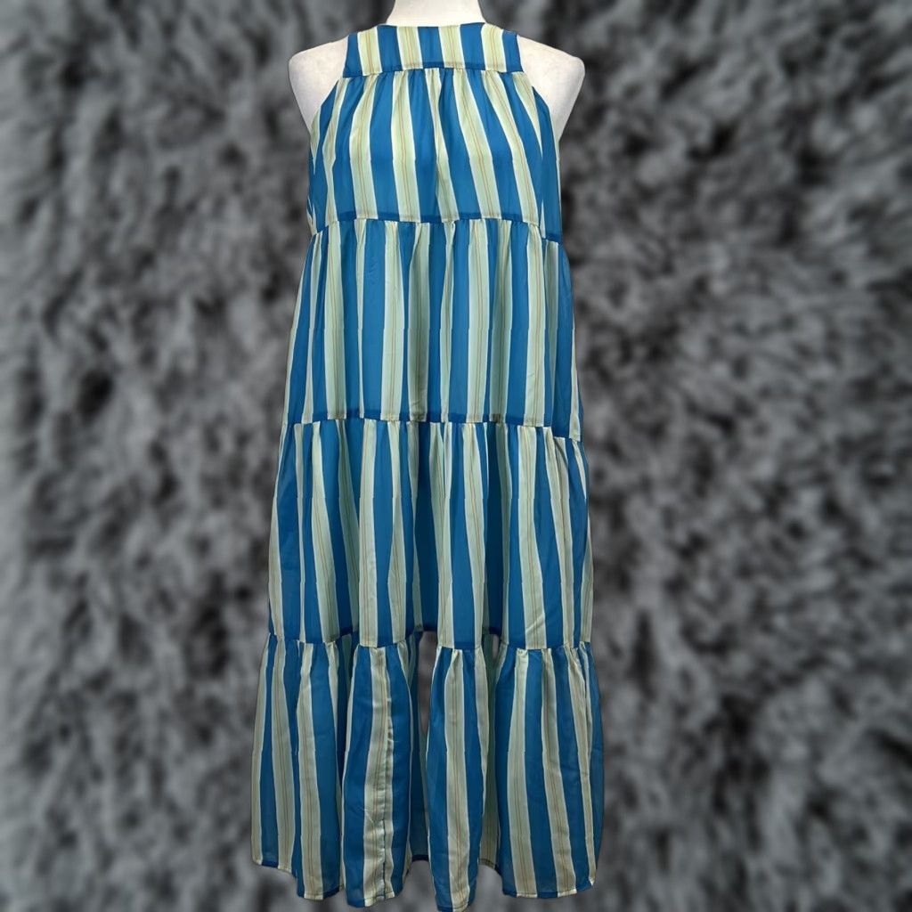 Olivia James the Label Hampden Dress XS Blue Striped Maxi Pockets Chiffon Womens