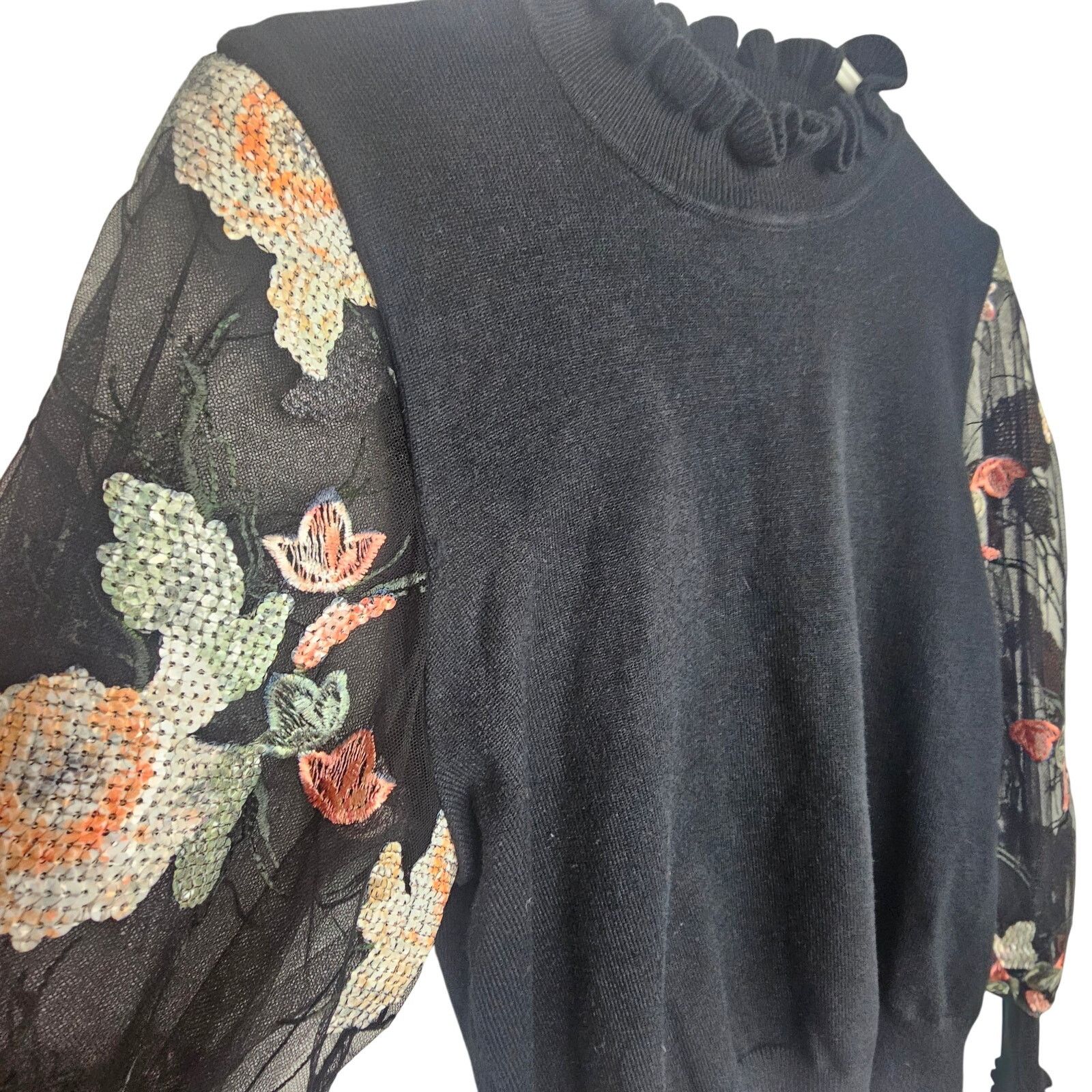 Pedro Garcia Gracia Floral Applique Mesh Sleeves Ruffle Neck Sweater S Size S / US 4 / IT 40 - 5 Thumbnail