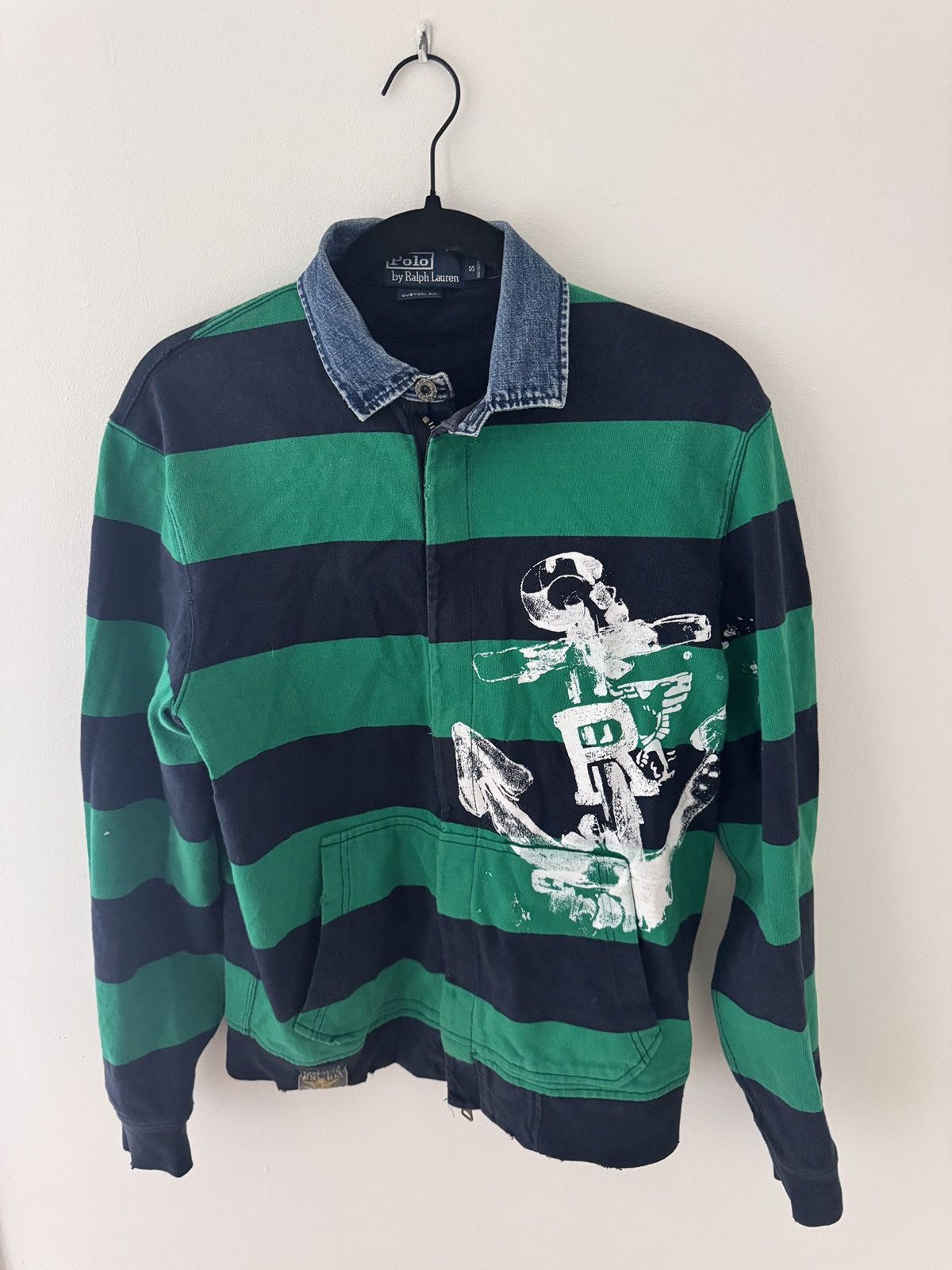 Rare Polo Zip up Rugby shirt with denim collar